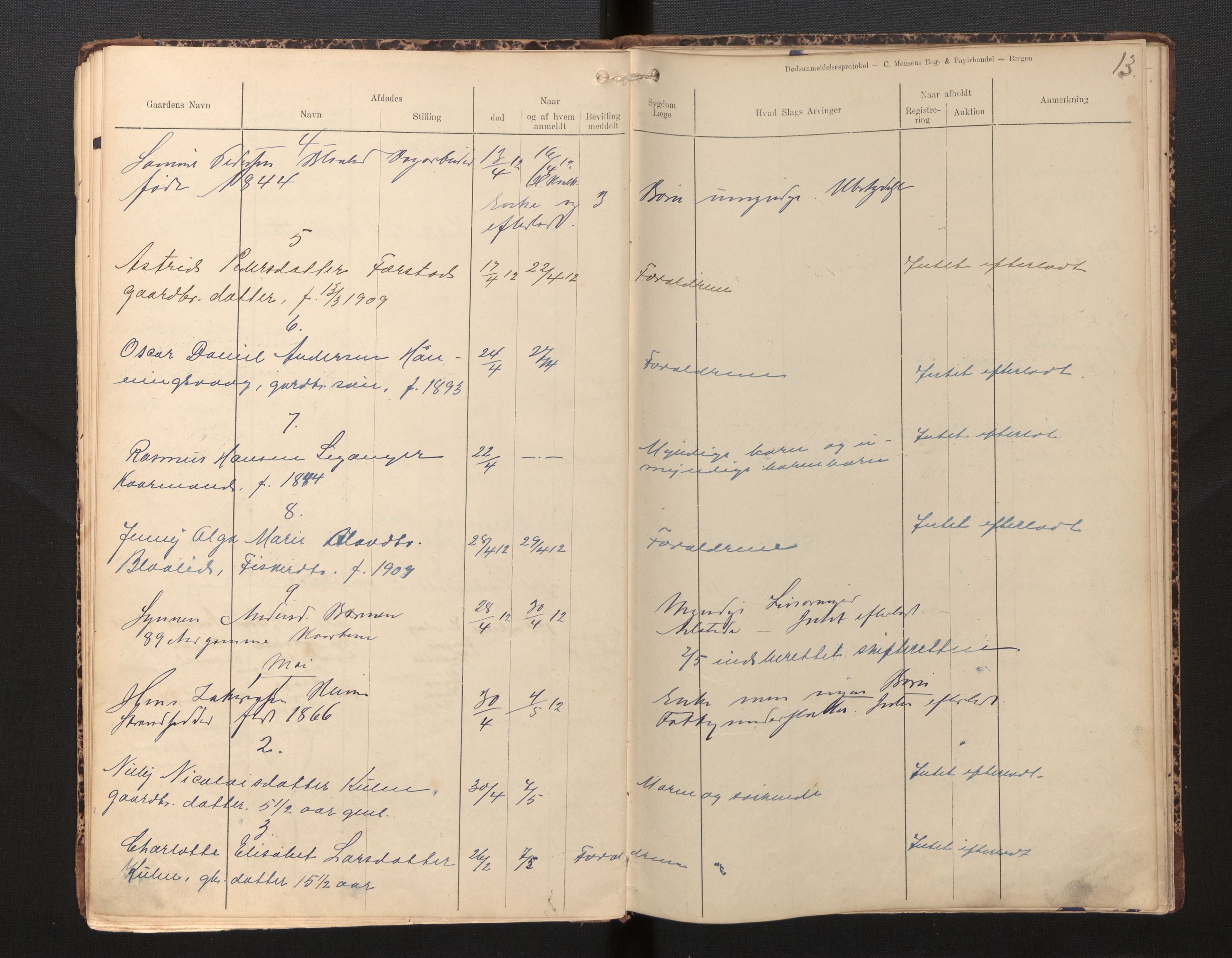 Lensmannen i Selje, AV/SAB-A-29701/0006/L0006: Dødsfallprotokoll, 1910-1916, p. 13
