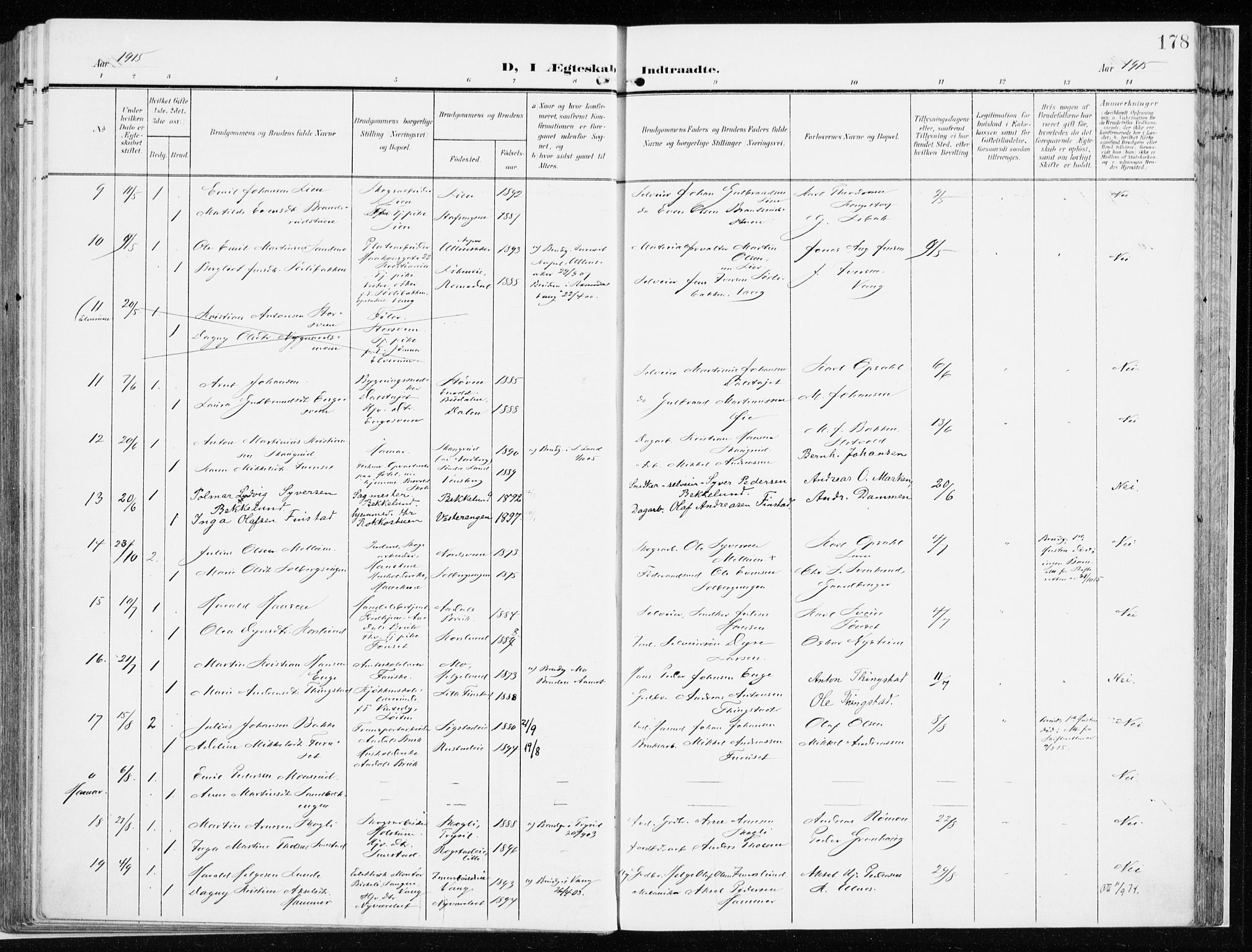 Løten prestekontor, AV/SAH-PREST-022/K/Ka/L0011: Parish register (official) no. 11, 1908-1917, p. 178