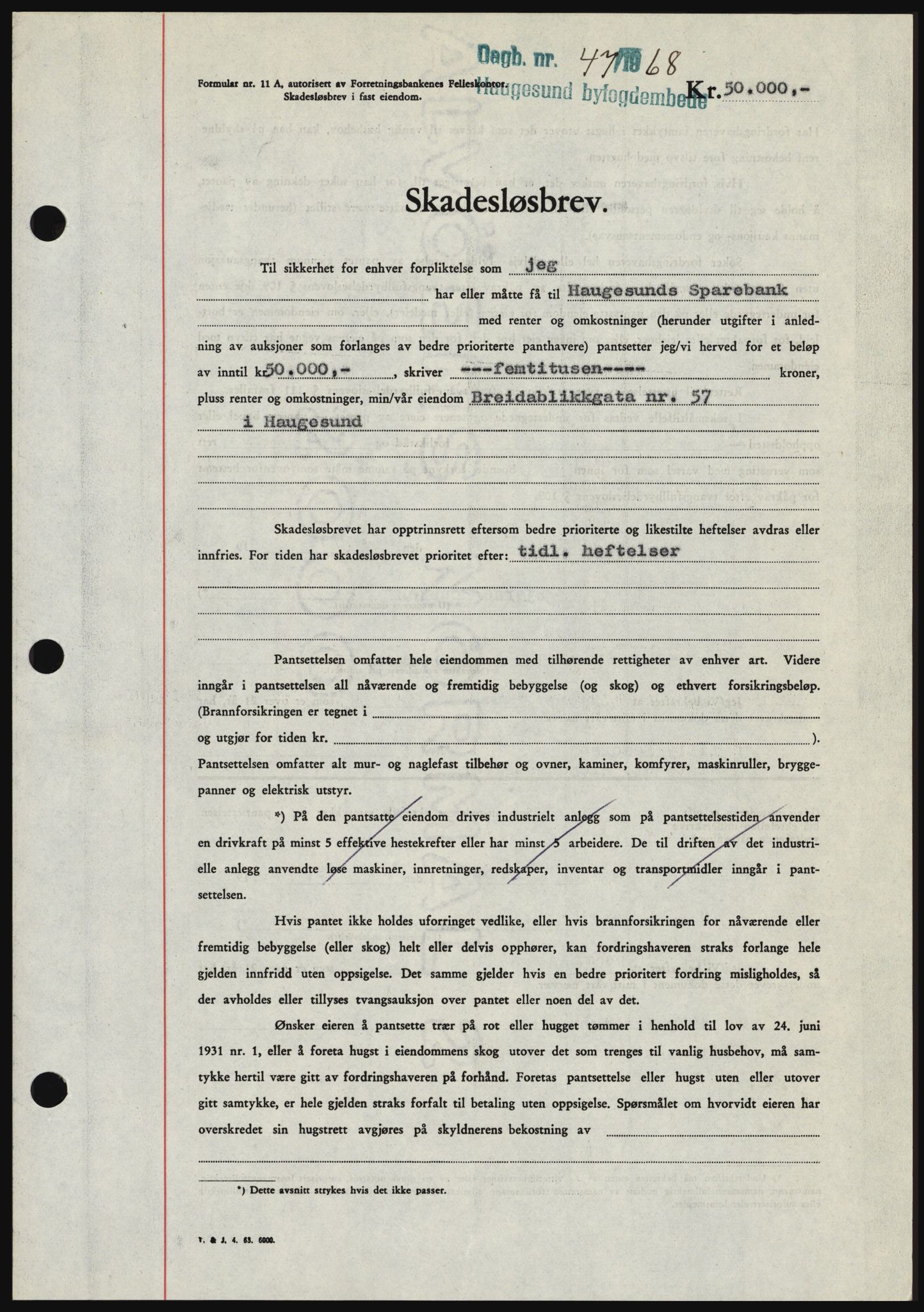 Haugesund tingrett, SAST/A-101415/01/II/IIC/L0058: Mortgage book no. B 58, 1967-1968, Diary no: : 47/1968