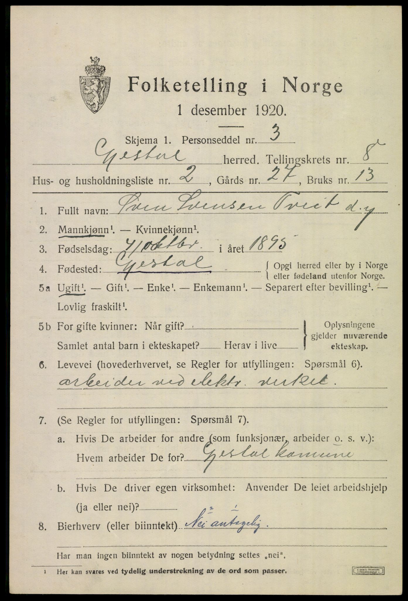 SAST, 1920 census for Gjesdal, 1920, p. 3770