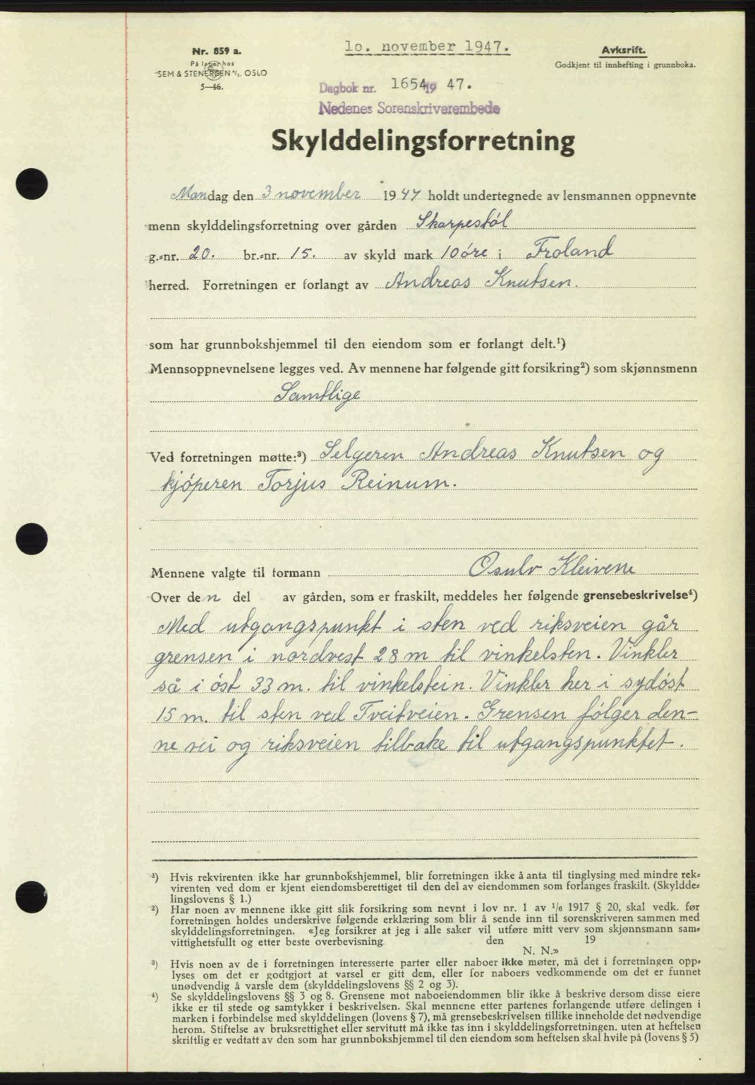 Nedenes sorenskriveri, SAK/1221-0006/G/Gb/Gba/L0058: Mortgage book no. A10, 1947-1948, Diary no: : 1654/1947