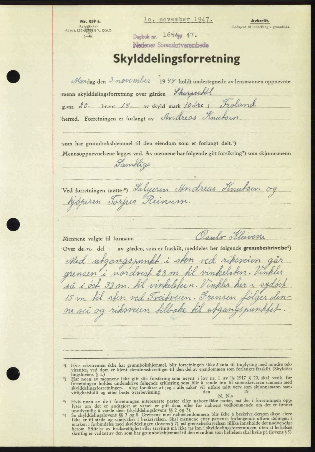 Nedenes sorenskriveri, AV/SAK-1221-0006/G/Gb/Gba/L0058: Mortgage book no. A10, 1947-1948, Diary no: : 1654/1947