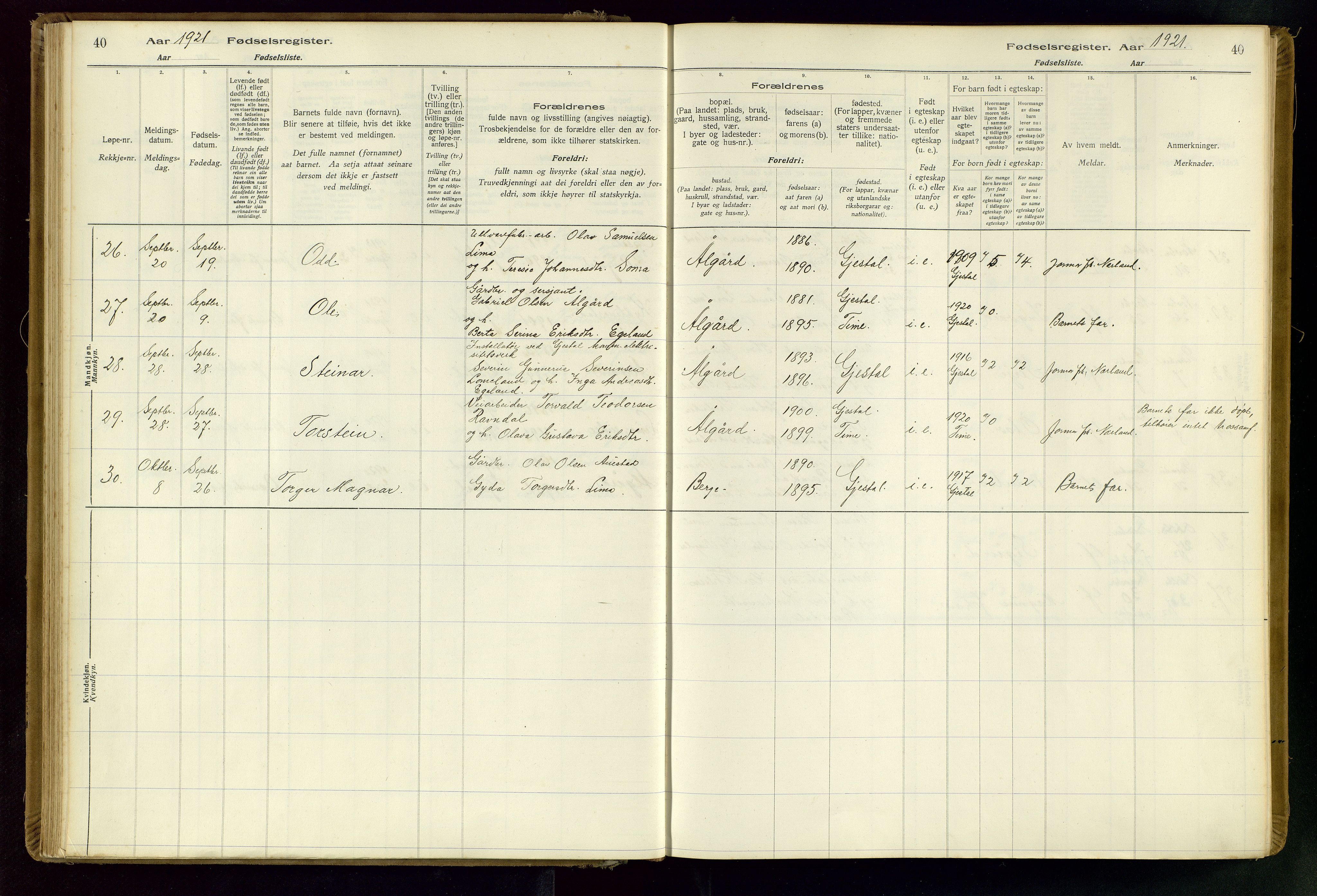 Gjesdal sokneprestkontor, AV/SAST-A-101796/002/O/L0001: Birth register no. 1, 1916-1949, p. 40