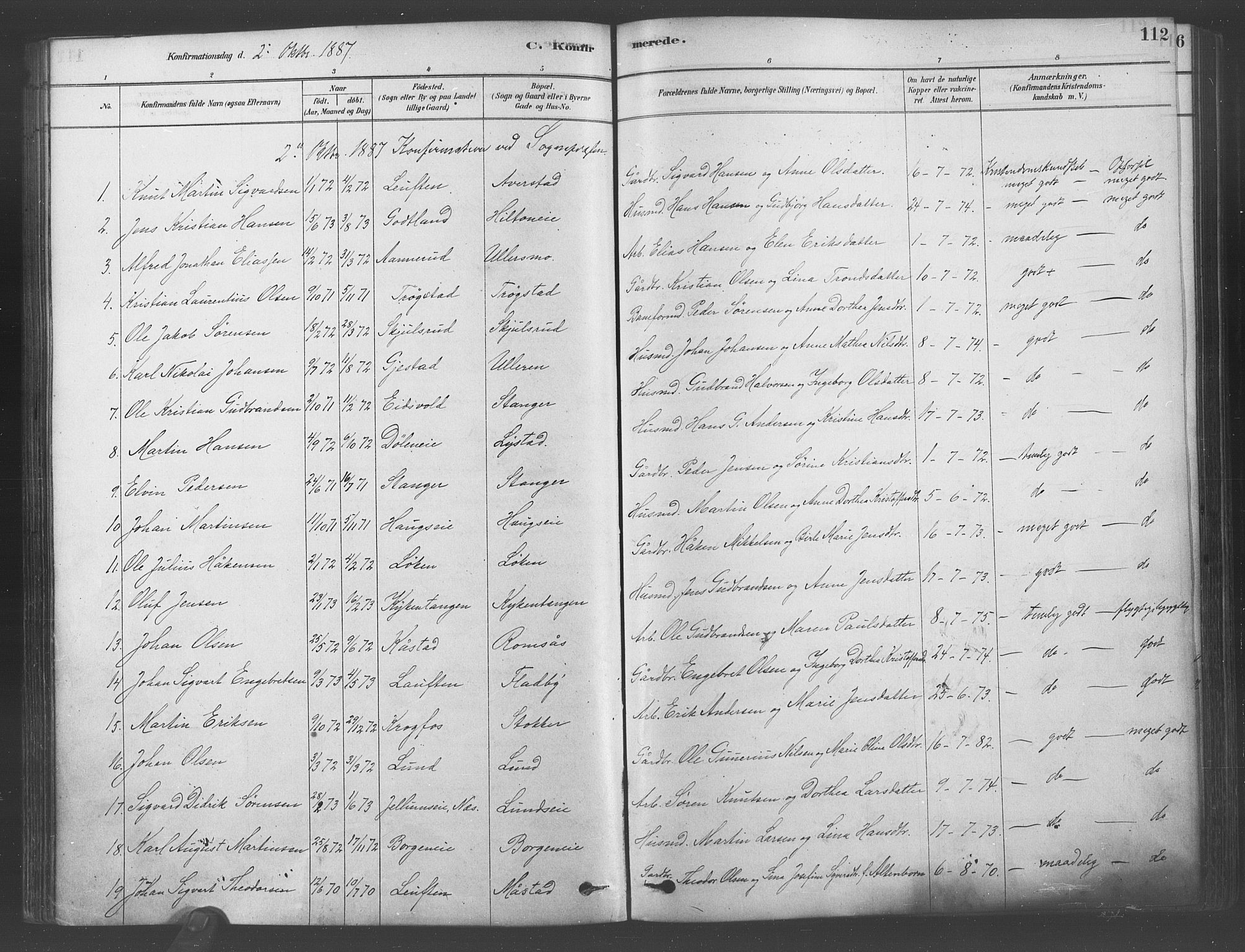 Ullensaker prestekontor Kirkebøker, SAO/A-10236a/F/Fa/L0019: Parish register (official) no. I 19, 1878-1891, p. 112