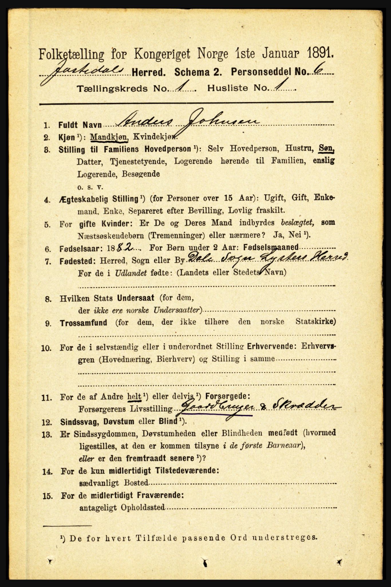 RA, 1891 census for 1427 Jostedal, 1891, p. 71
