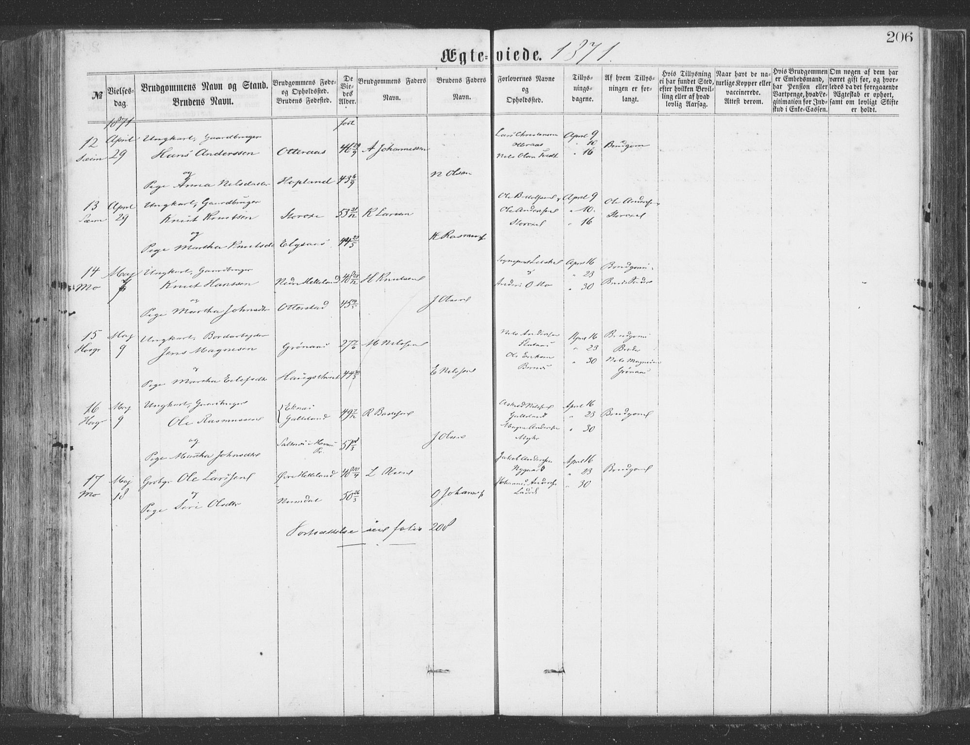 Hosanger sokneprestembete, AV/SAB-A-75801/H/Haa: Parish register (official) no. A 9, 1864-1876, p. 206