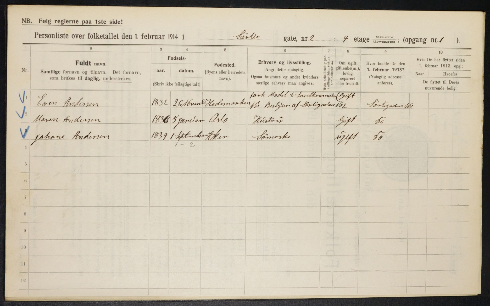 OBA, Municipal Census 1914 for Kristiania, 1914, p. 107119