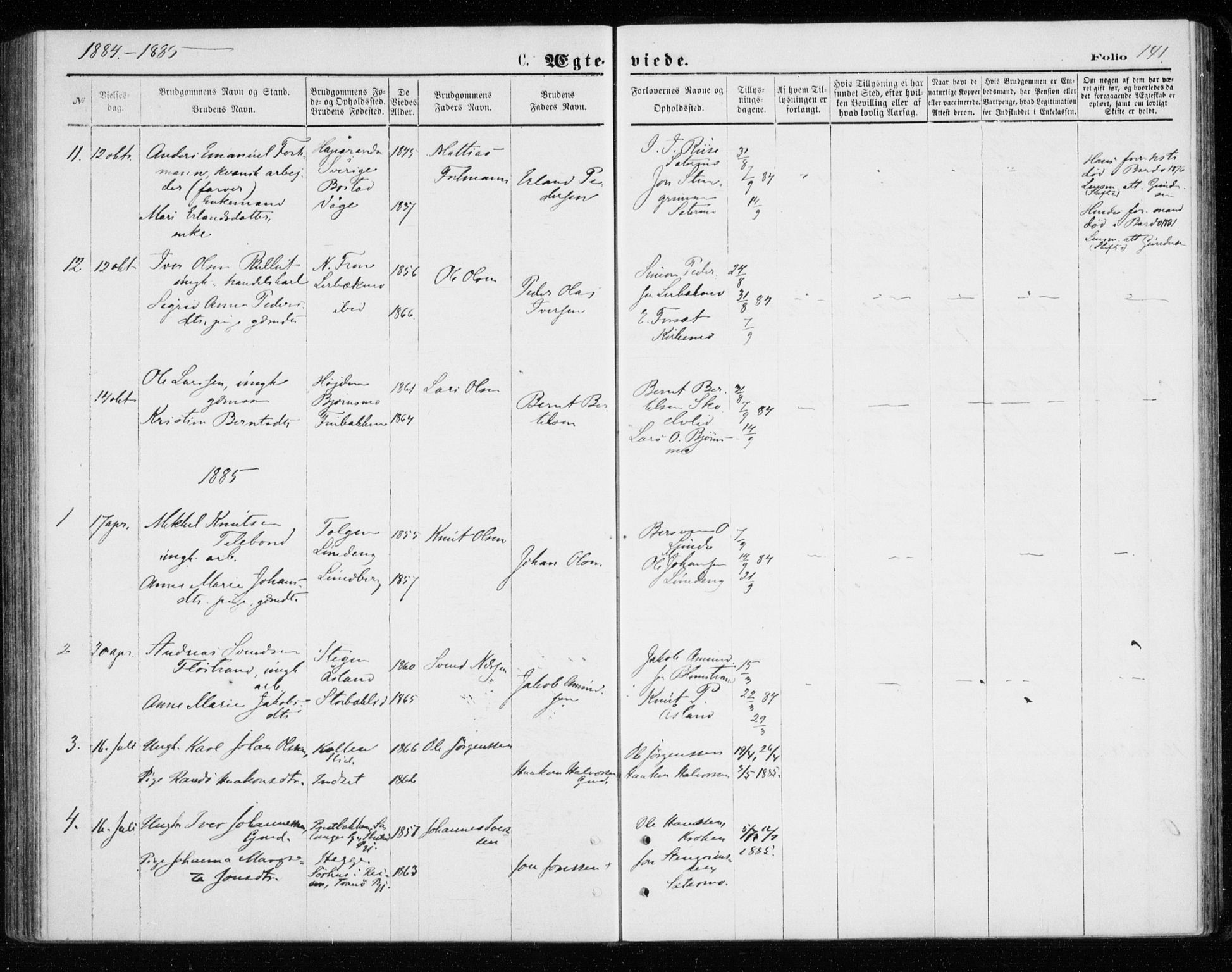 Målselv sokneprestembete, AV/SATØ-S-1311/G/Ga/Gab/L0007klokker: Parish register (copy) no. 7, 1876-1895, p. 141