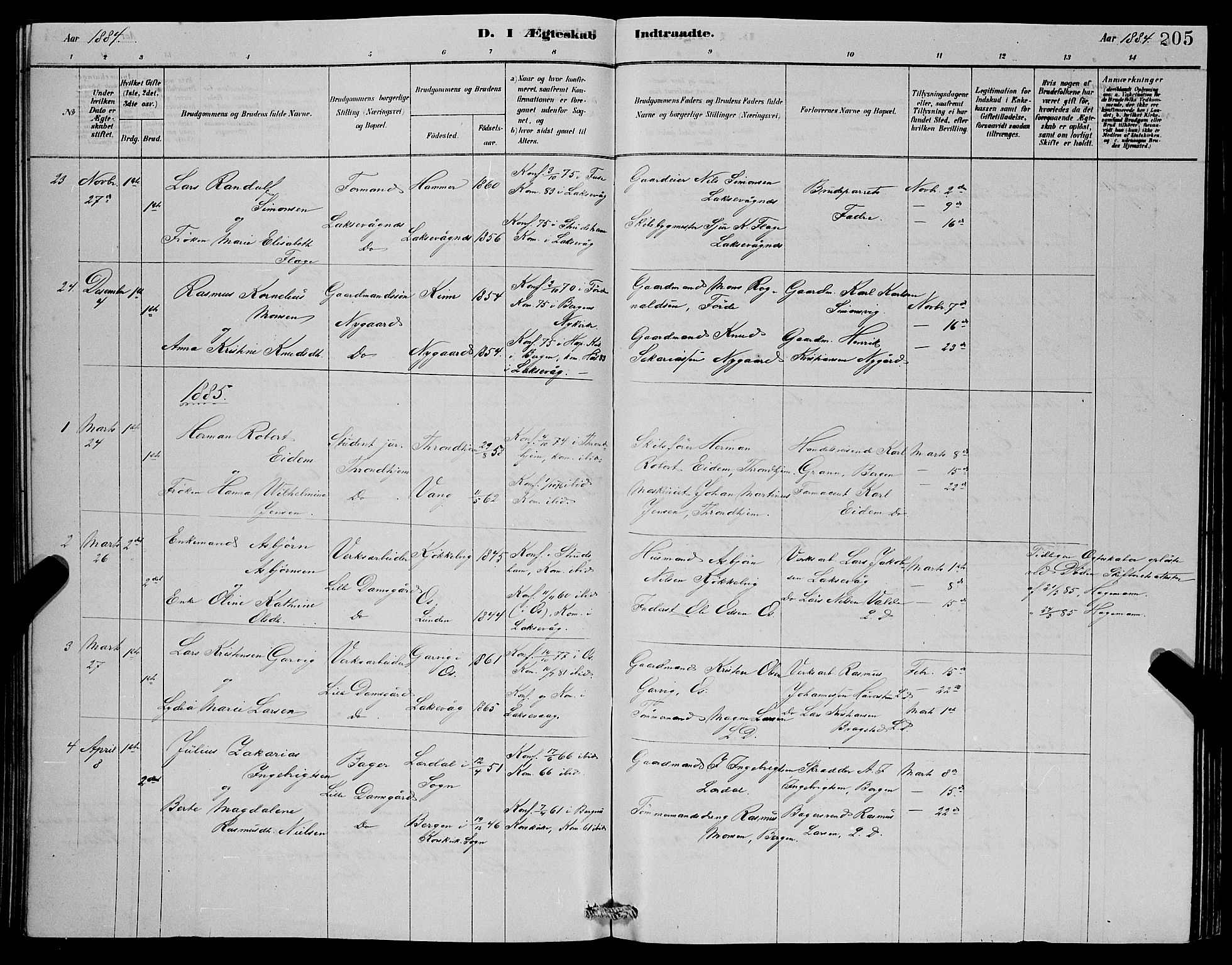 Laksevåg Sokneprestembete, SAB/A-76501/H/Ha/Hab/Haba/L0002: Parish register (copy) no. A 2, 1877-1887, p. 205