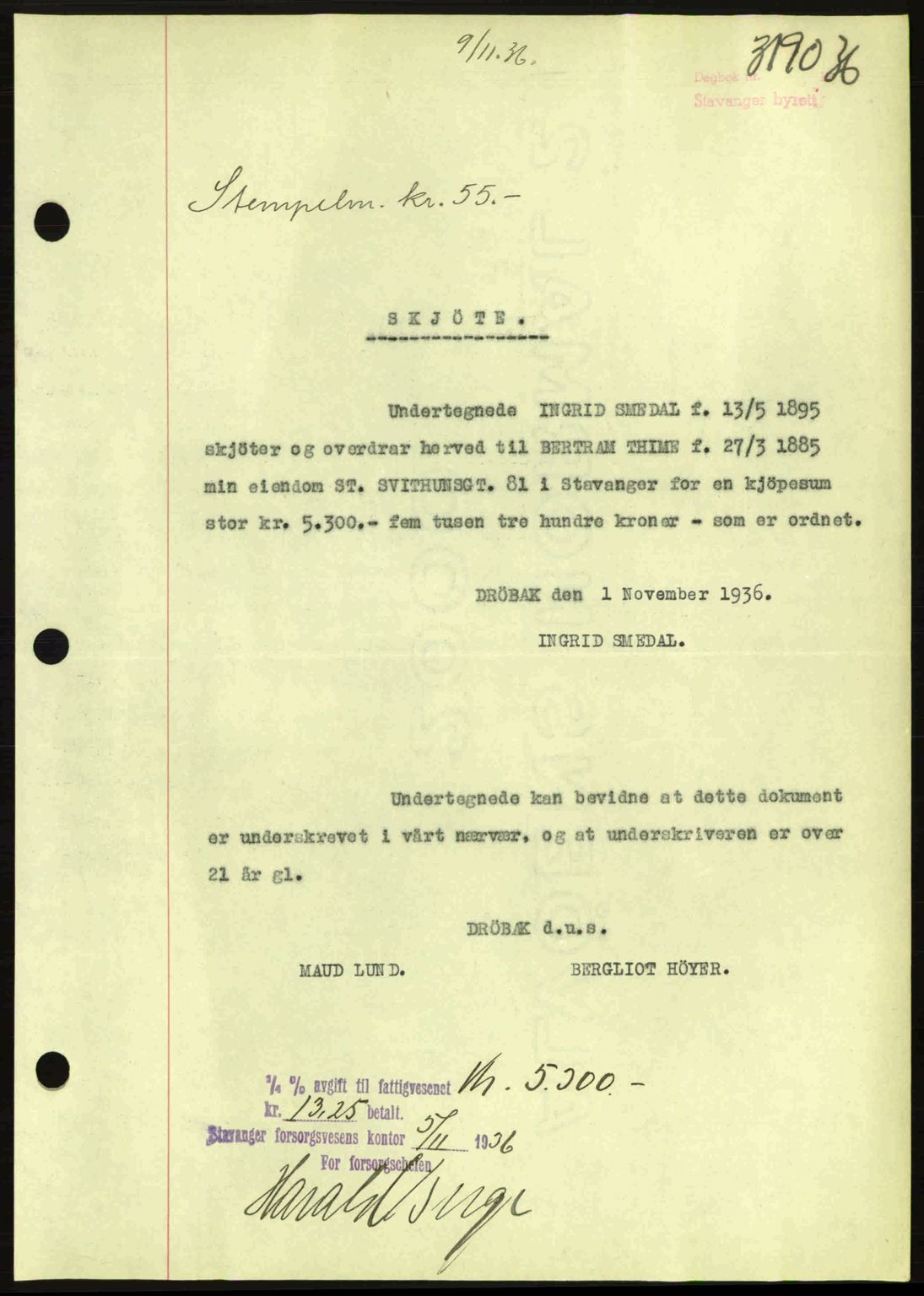 Stavanger byrett, SAST/A-100455/002/G/Gb/L0012: Mortgage book no. A2, 1936-1937, Diary no: : 3190/1936
