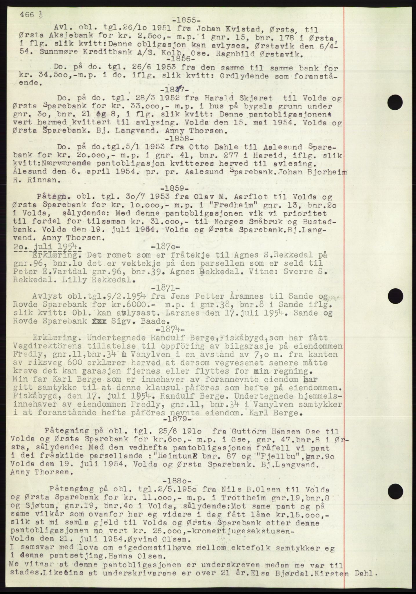 Søre Sunnmøre sorenskriveri, AV/SAT-A-4122/1/2/2C/L0072: Mortgage book no. 66, 1941-1955, Diary no: : 1855/1954