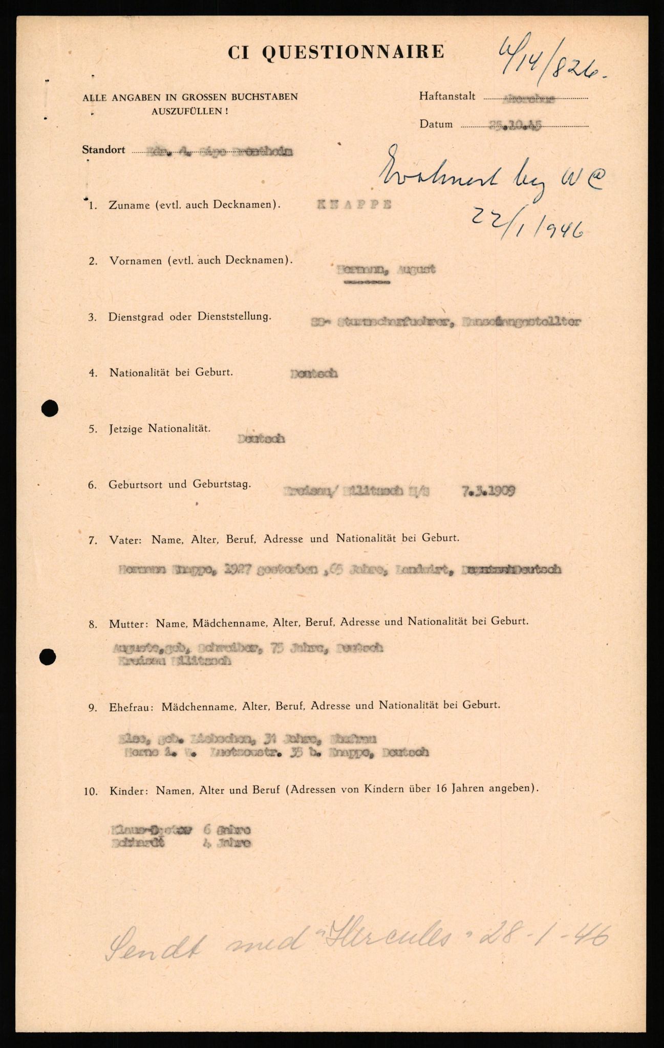 Forsvaret, Forsvarets overkommando II, RA/RAFA-3915/D/Db/L0017: CI Questionaires. Tyske okkupasjonsstyrker i Norge. Tyskere., 1945-1946, p. 115