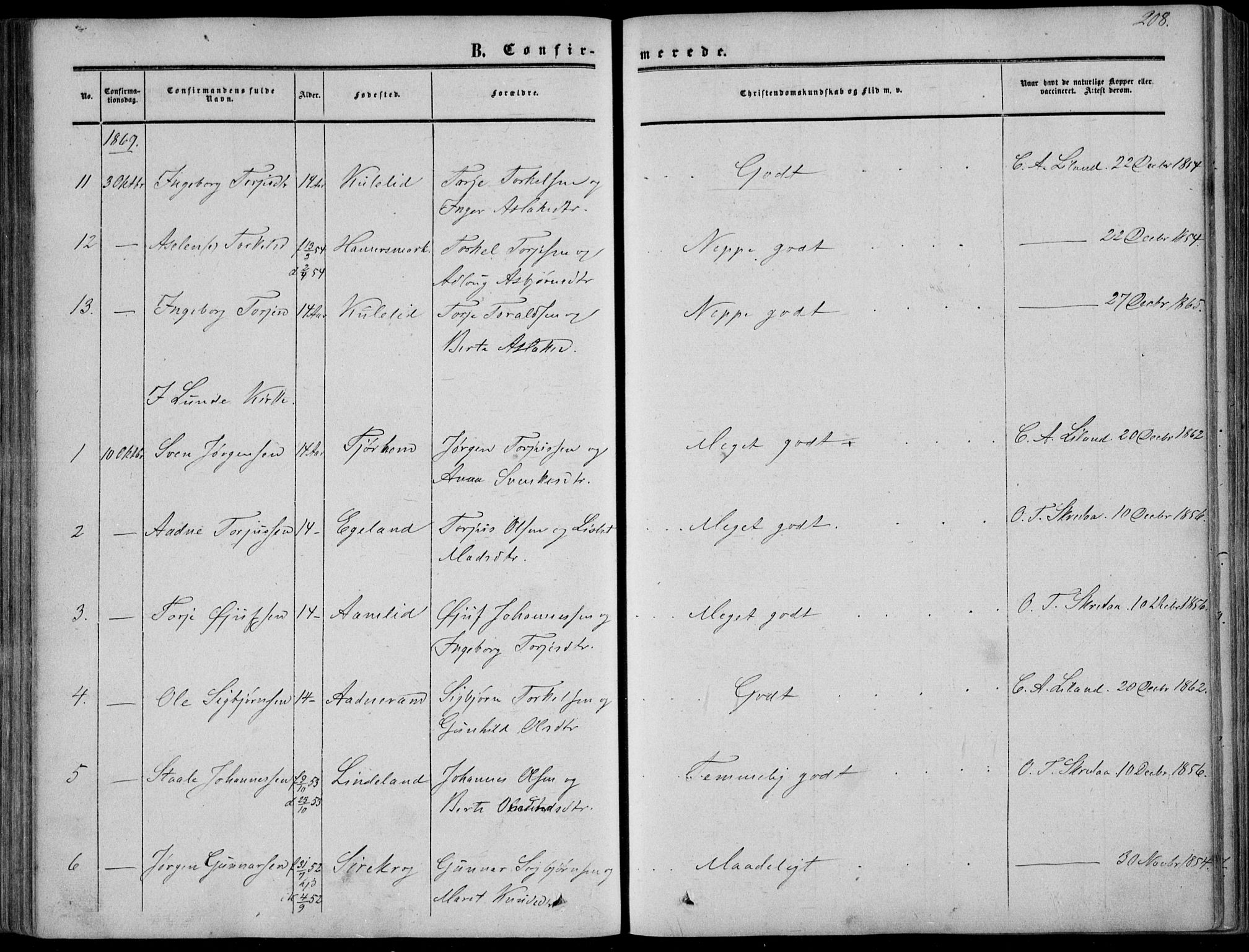 Sirdal sokneprestkontor, AV/SAK-1111-0036/F/Fa/Fab/L0002: Parish register (official) no. A 2, 1855-1874, p. 208