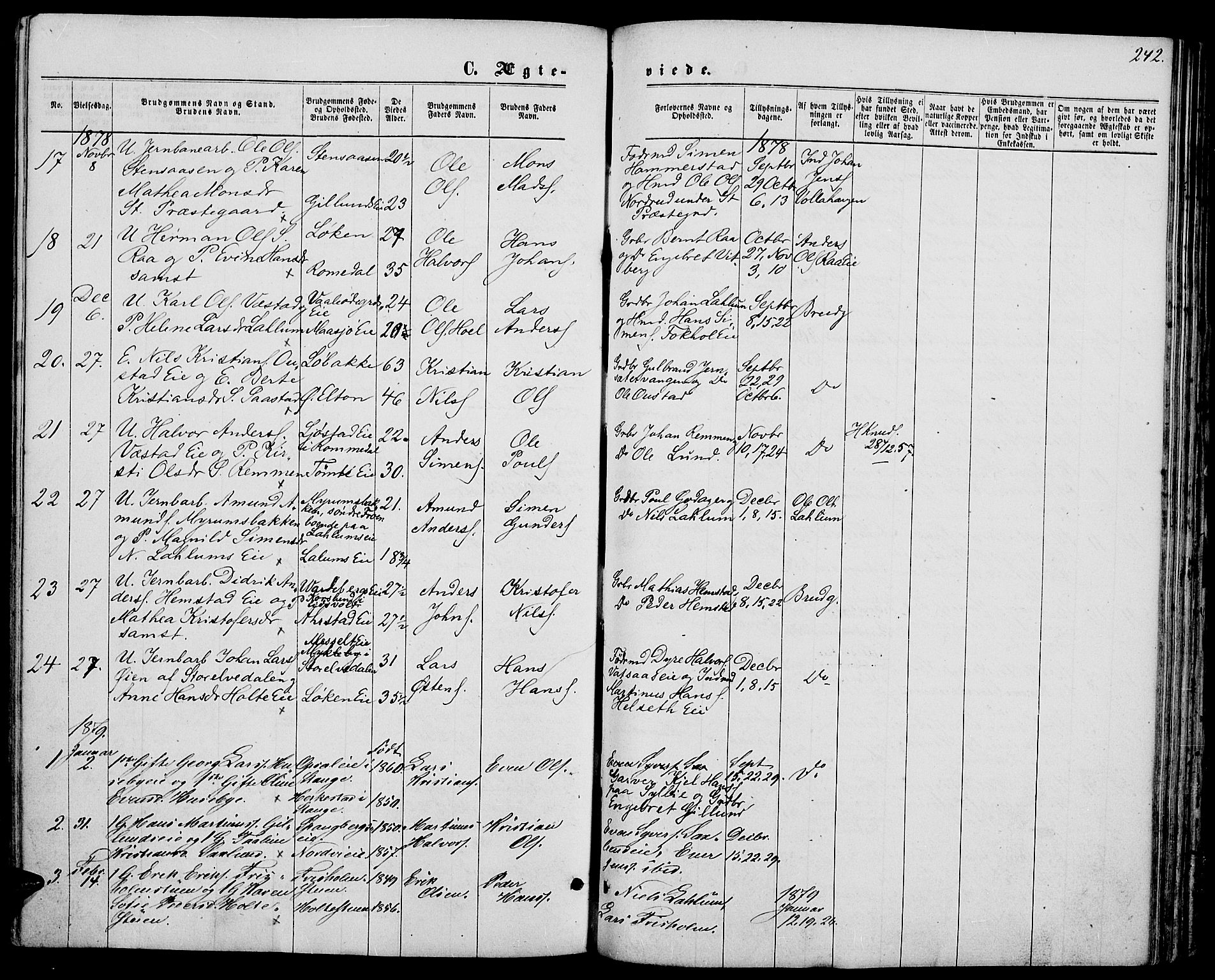 Stange prestekontor, AV/SAH-PREST-002/L/L0006: Parish register (copy) no. 6, 1864-1882, p. 242