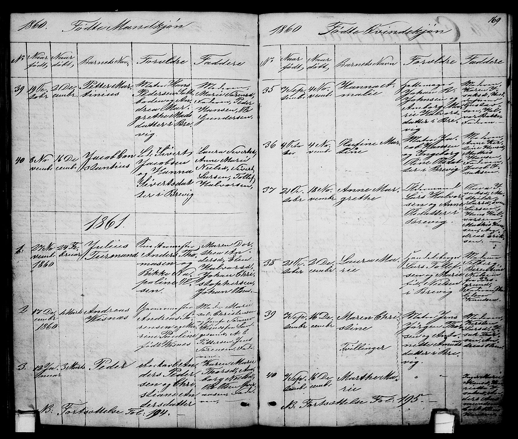 Brevik kirkebøker, AV/SAKO-A-255/G/Ga/L0002: Parish register (copy) no. 2, 1846-1865, p. 169