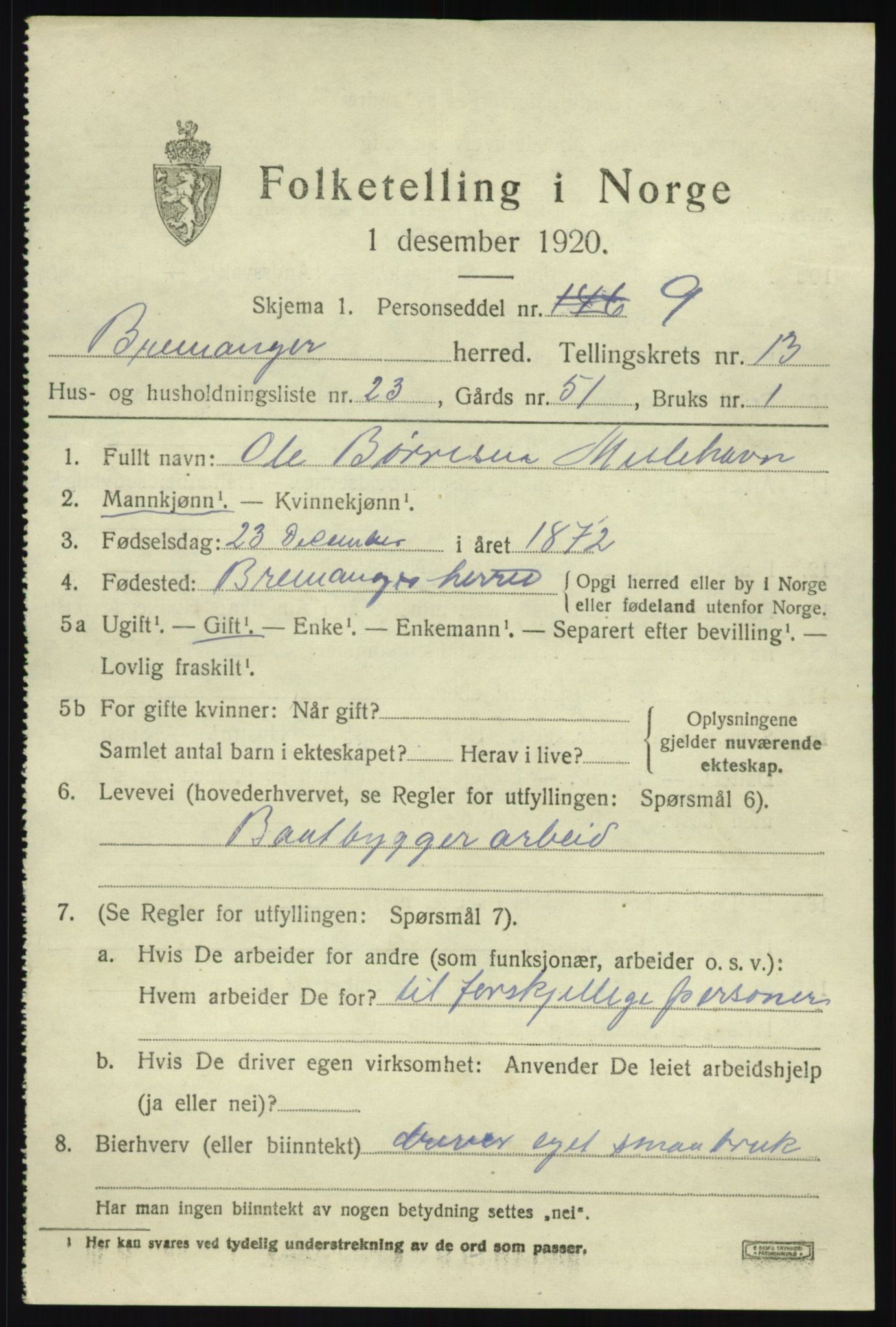 SAB, 1920 census for Bremanger, 1920, p. 7046