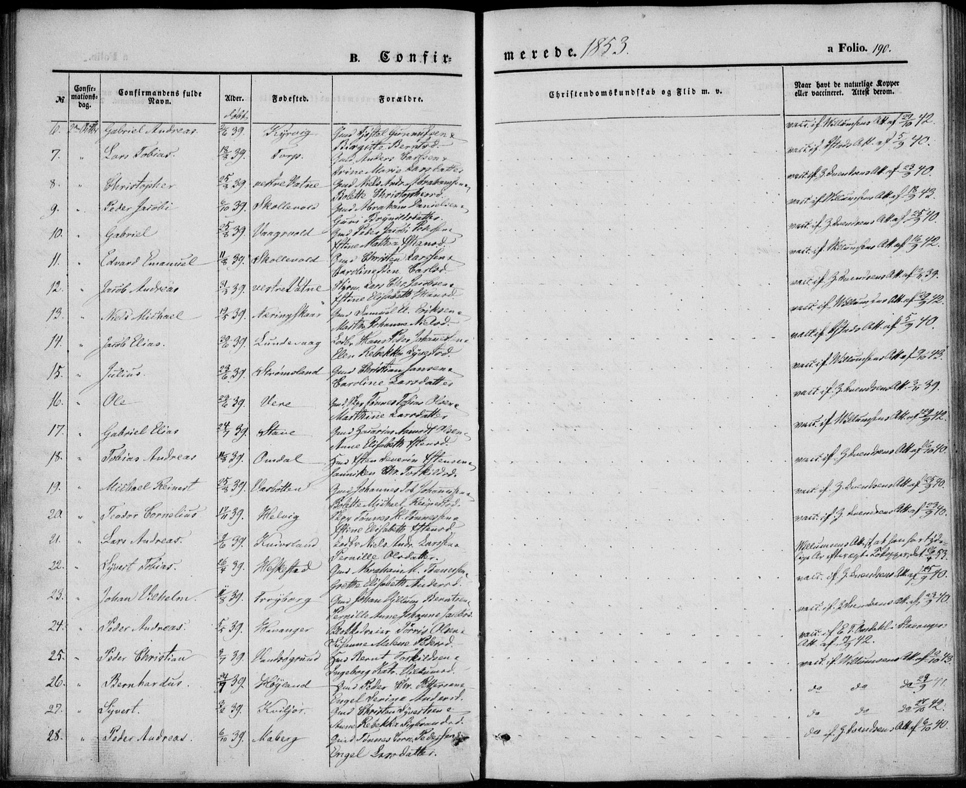 Lista sokneprestkontor, AV/SAK-1111-0027/F/Fb/L0002: Parish register (copy) no. B 2, 1847-1862, p. 190