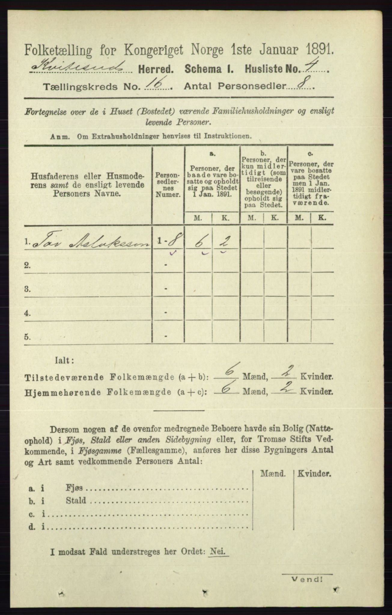 RA, 1891 census for 0829 Kviteseid, 1891, p. 3616