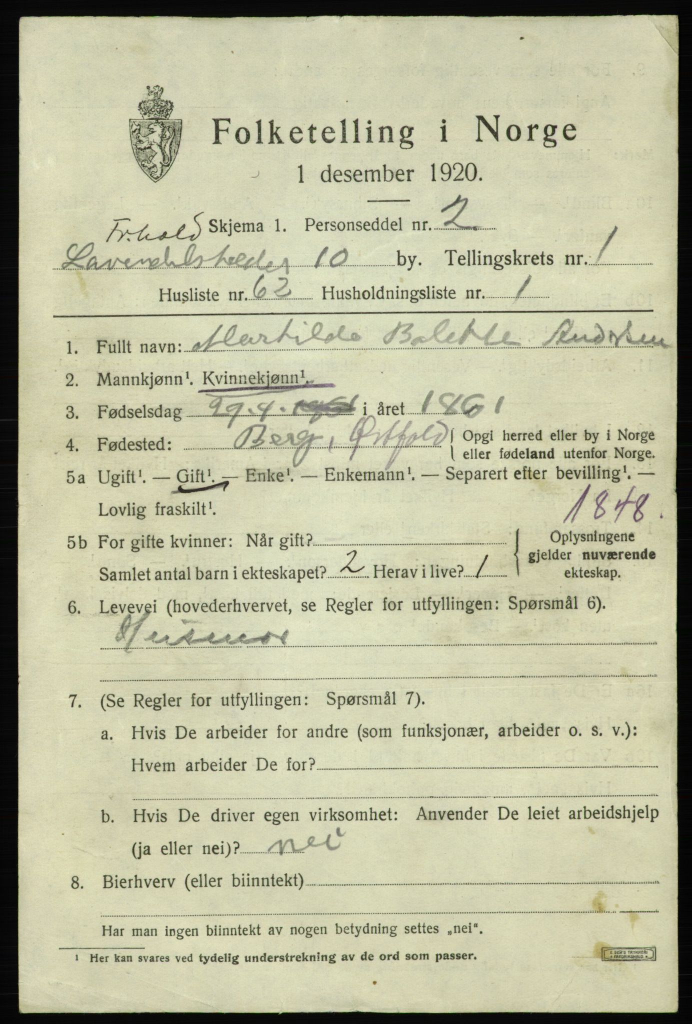 SAO, 1920 census for Fredrikshald, 1920, p. 9245