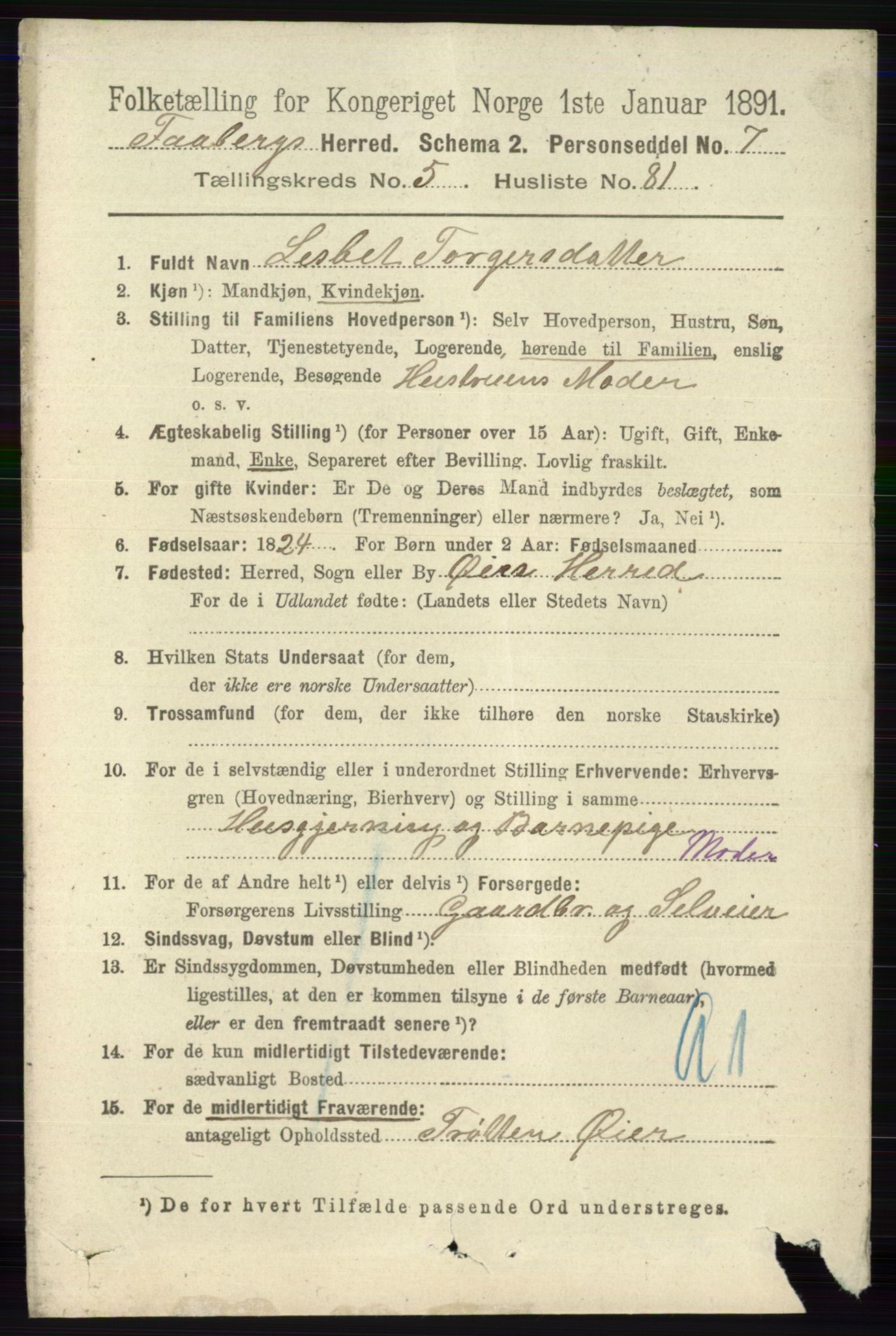 RA, 1891 census for 0524 Fåberg, 1891, p. 2138