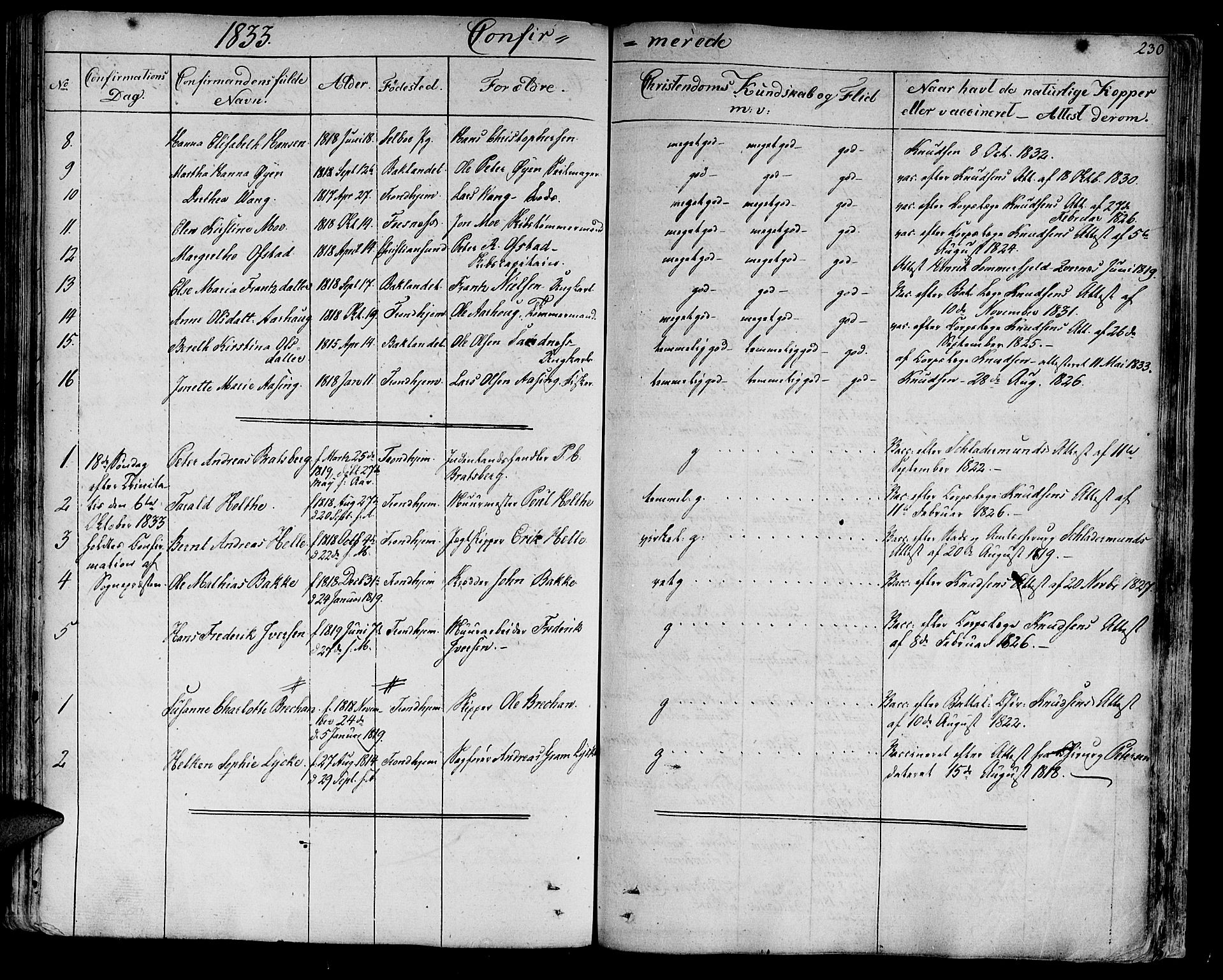 Ministerialprotokoller, klokkerbøker og fødselsregistre - Sør-Trøndelag, SAT/A-1456/602/L0108: Parish register (official) no. 602A06, 1821-1839, p. 230