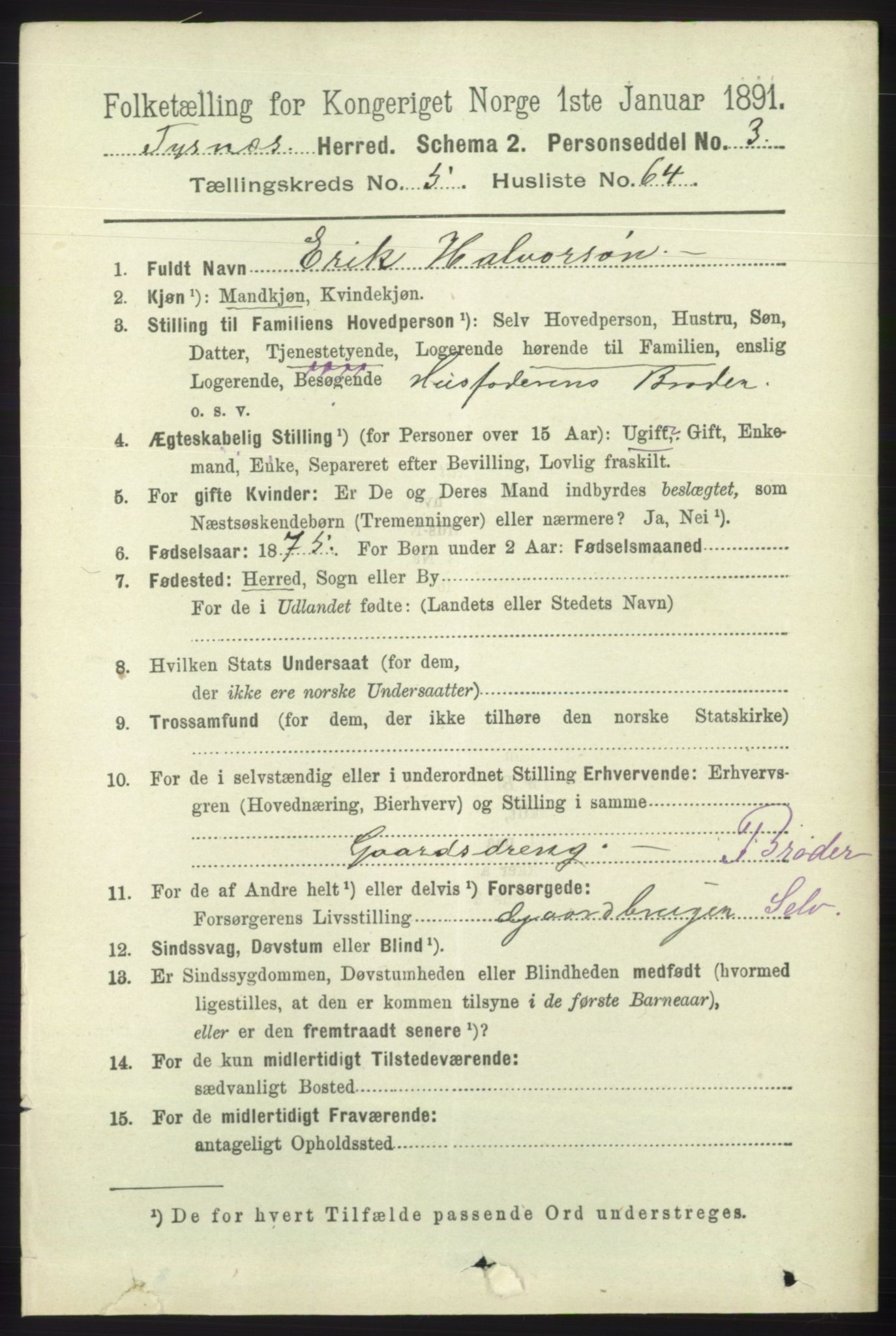 RA, 1891 census for 1223 Tysnes, 1891, p. 2298