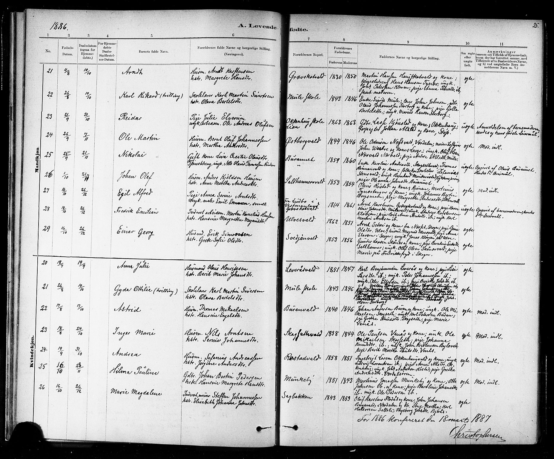 Ministerialprotokoller, klokkerbøker og fødselsregistre - Nord-Trøndelag, SAT/A-1458/721/L0208: Parish register (copy) no. 721C01, 1880-1917, p. 25