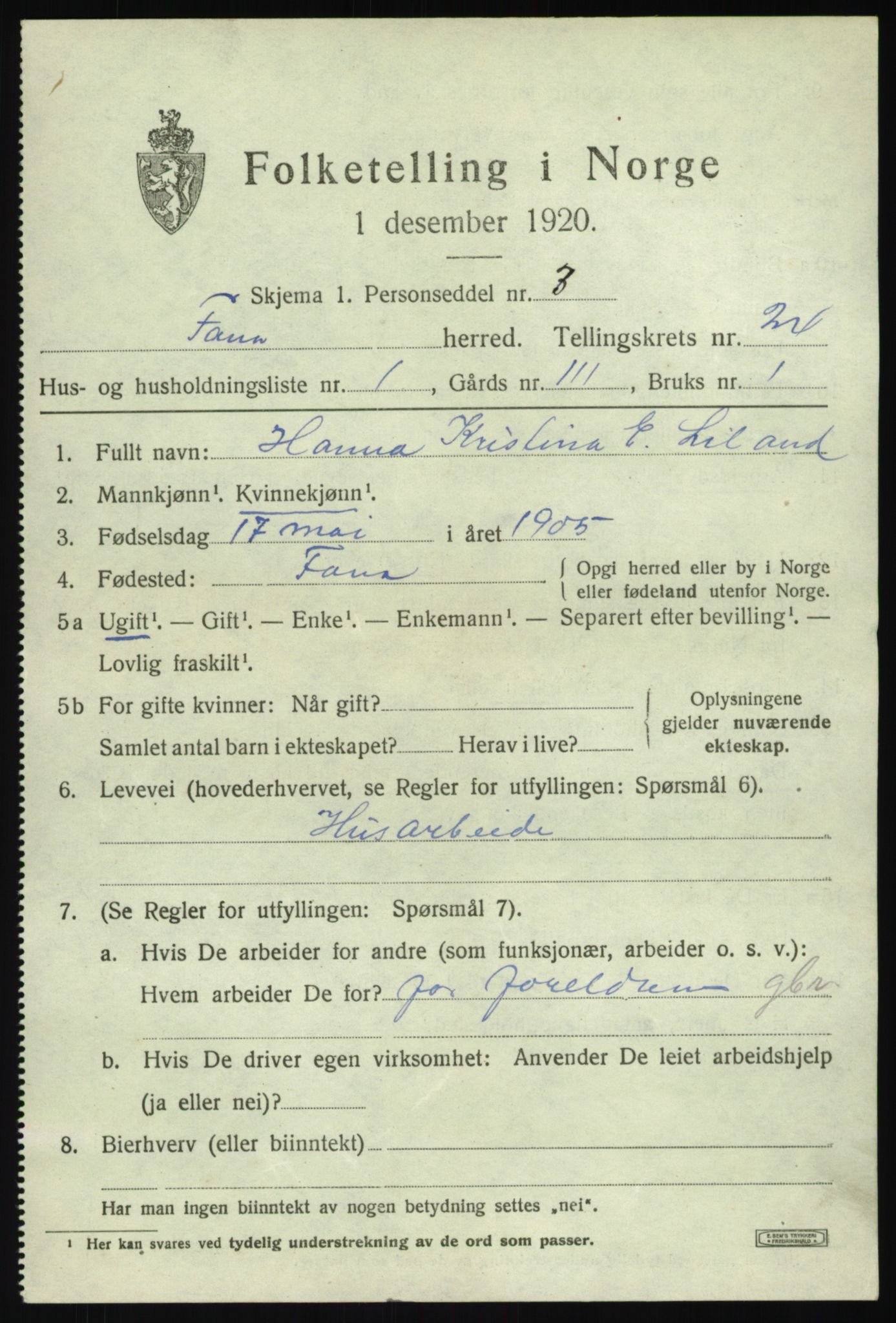 SAB, 1920 census for Fana, 1920, p. 27185