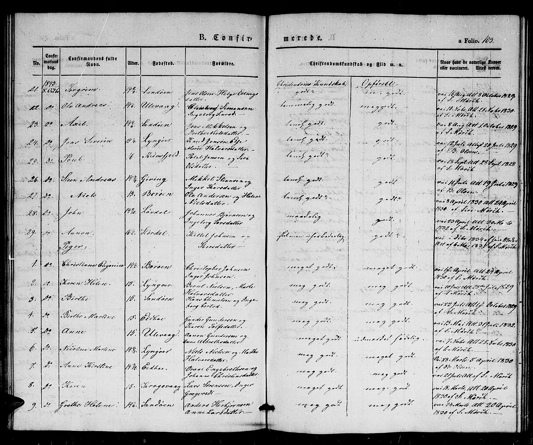 Dypvåg sokneprestkontor, AV/SAK-1111-0007/F/Fb/Fba/L0010: Parish register (copy) no. B 10, 1842-1857, p. 103