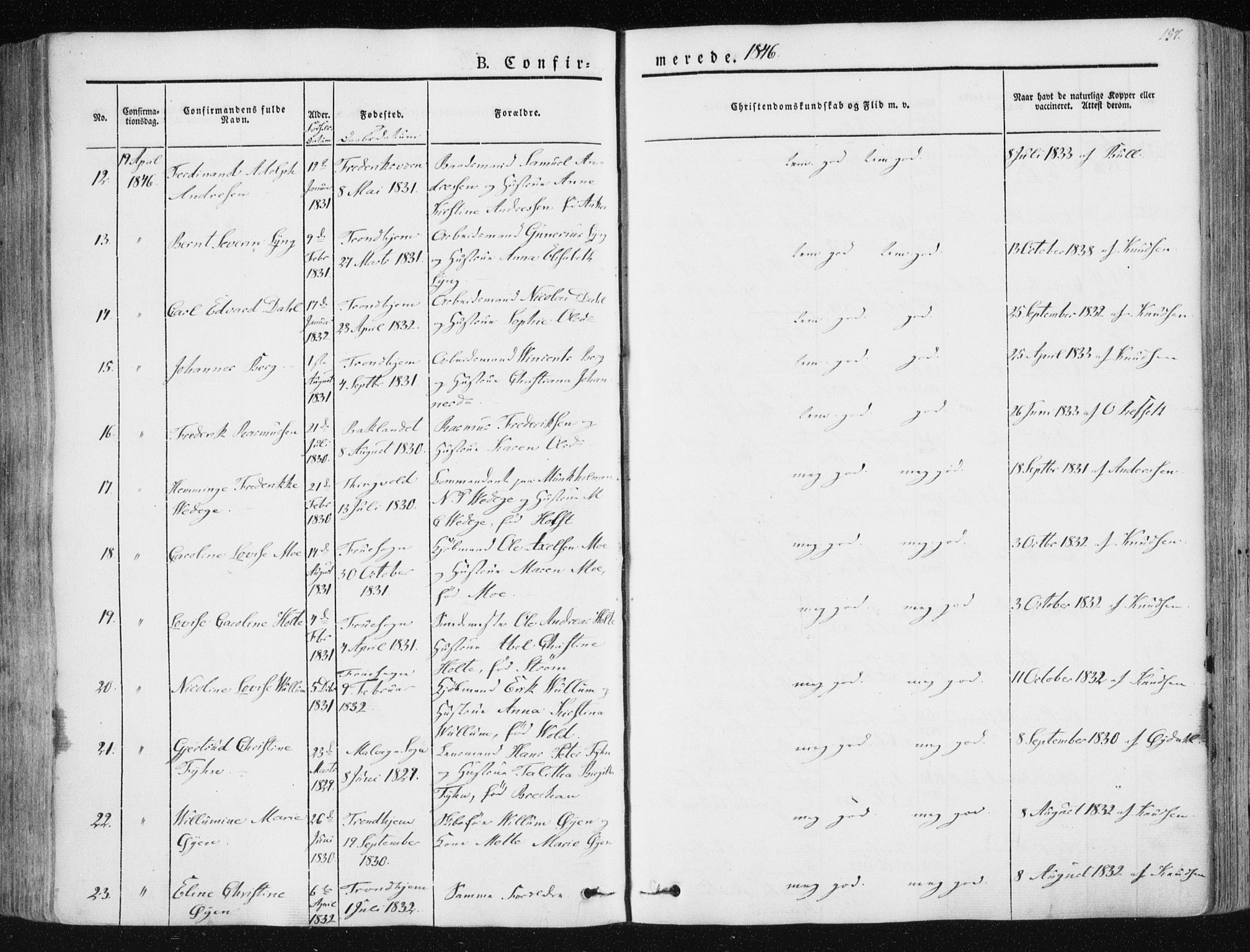 Ministerialprotokoller, klokkerbøker og fødselsregistre - Sør-Trøndelag, AV/SAT-A-1456/602/L0110: Parish register (official) no. 602A08, 1840-1854, p. 157