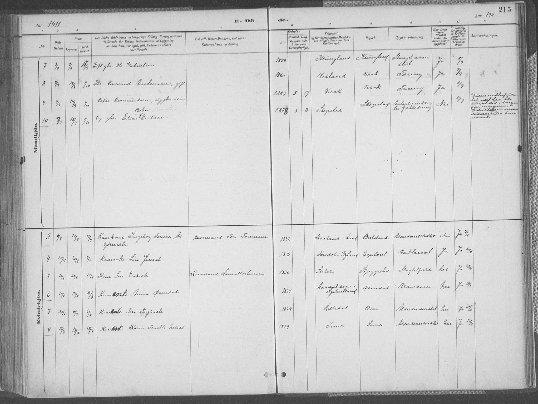 Bakke sokneprestkontor, AV/SAK-1111-0002/F/Fa/Faa/L0008: Parish register (official) no. A 8, 1887-1911, p. 215