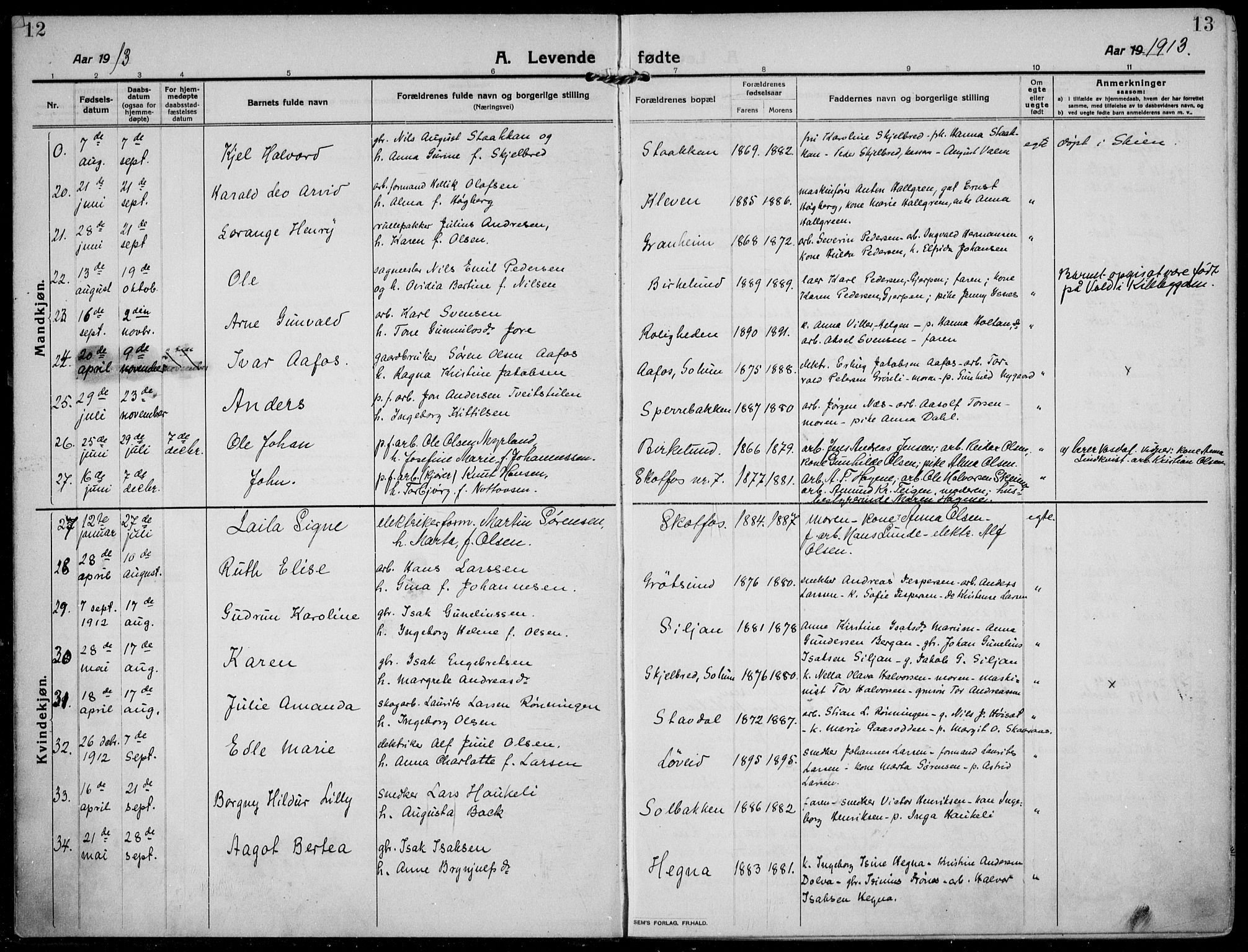 Solum kirkebøker, AV/SAKO-A-306/F/Fb/L0004: Parish register (official) no. II 4, 1913-1924, p. 12-13