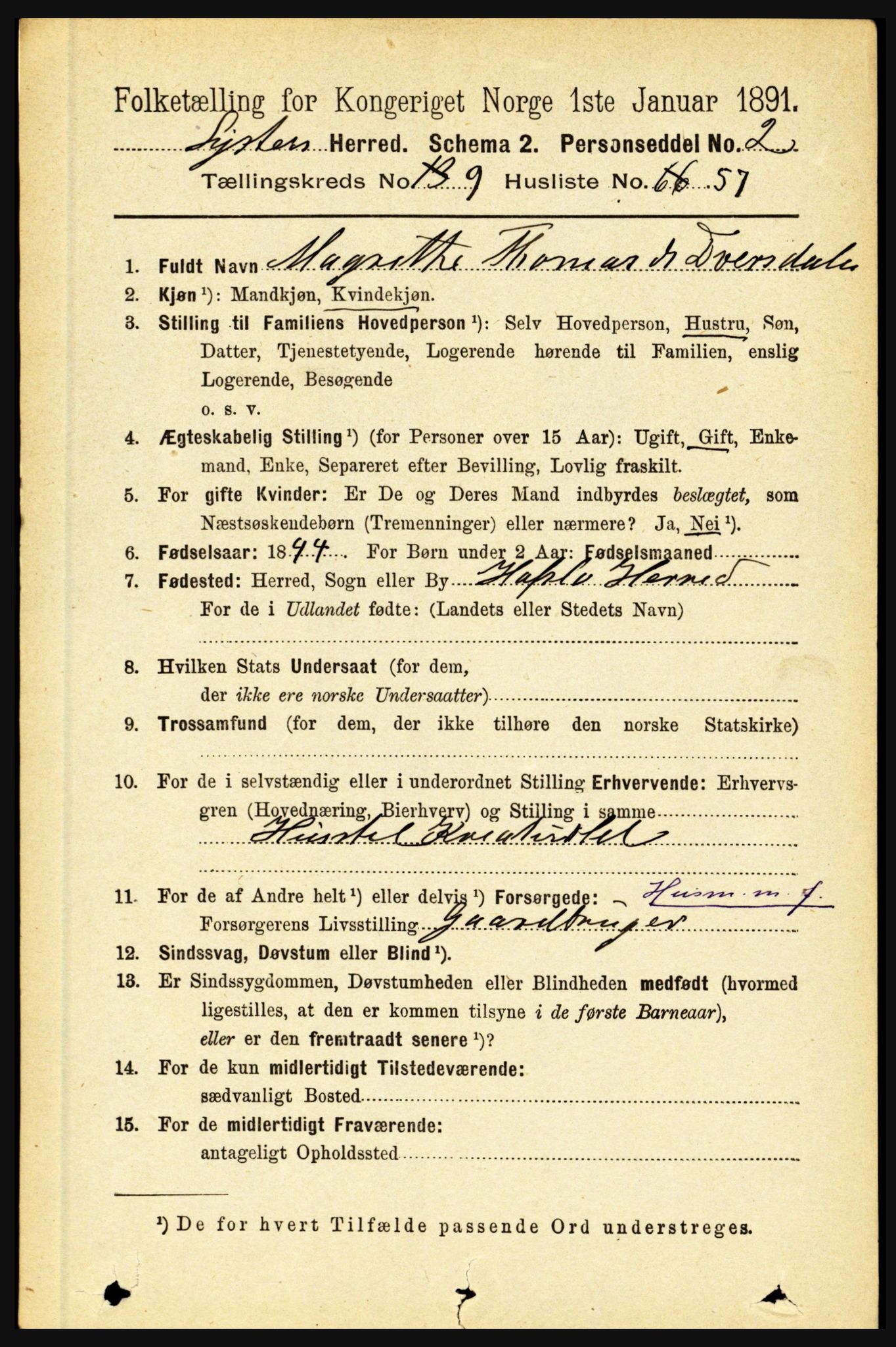 RA, 1891 census for 1426 Luster, 1891, p. 3094