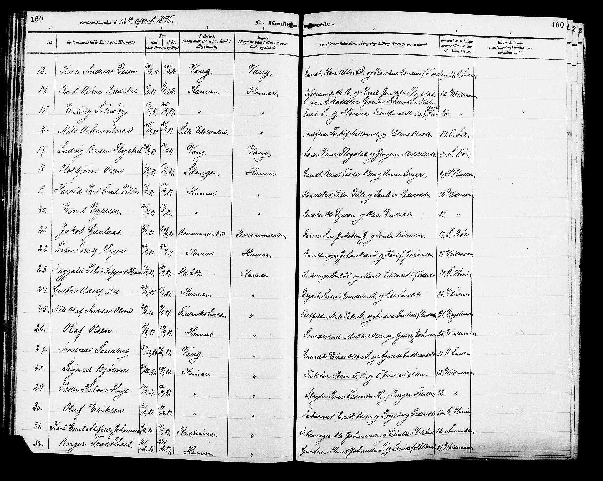 Vang prestekontor, Hedmark, AV/SAH-PREST-008/H/Ha/Hab/L0013: Parish register (copy) no. 13, 1890-1899, p. 160