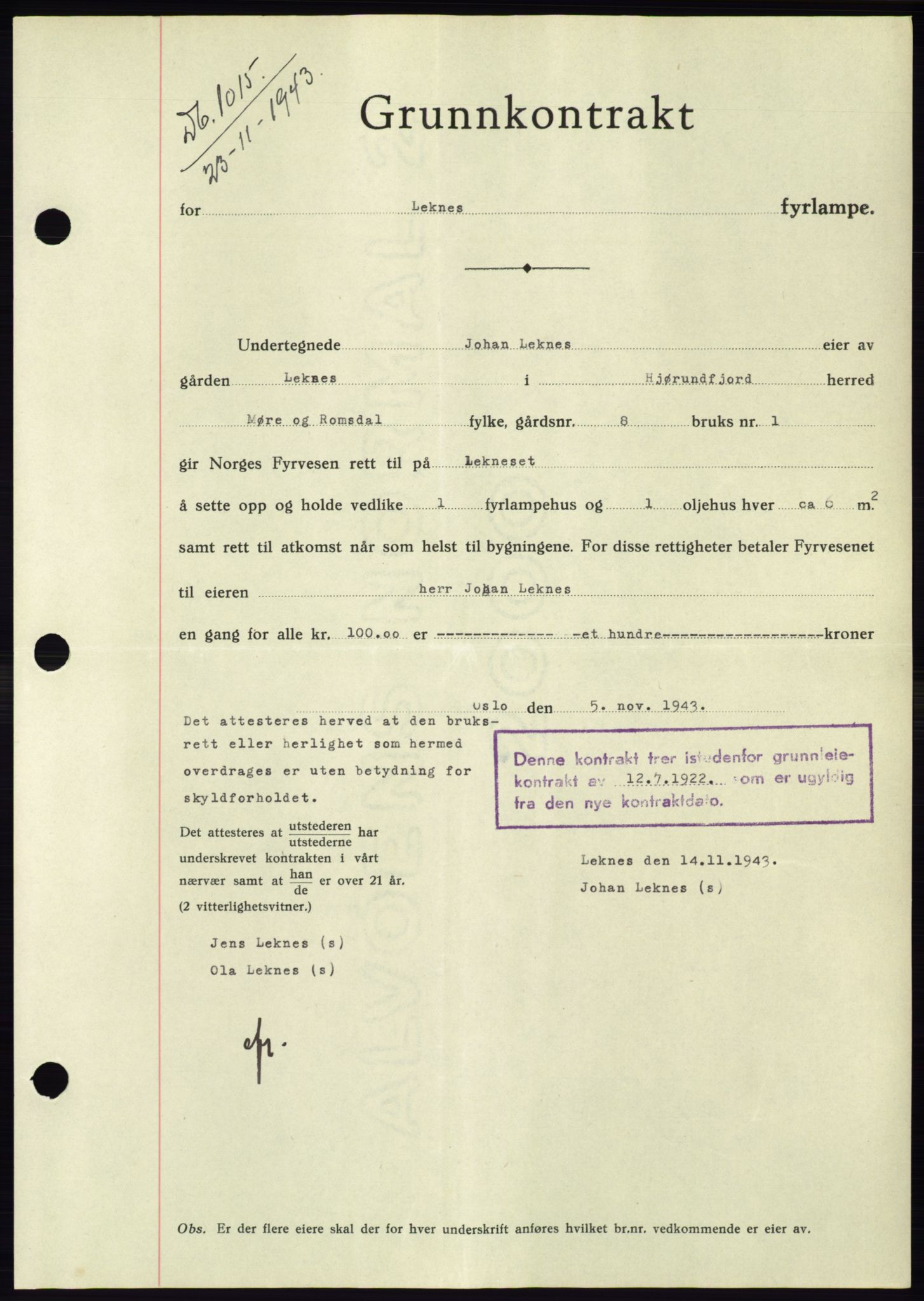 Søre Sunnmøre sorenskriveri, AV/SAT-A-4122/1/2/2C/L0075: Mortgage book no. 1A, 1943-1943, Diary no: : 1015/1943