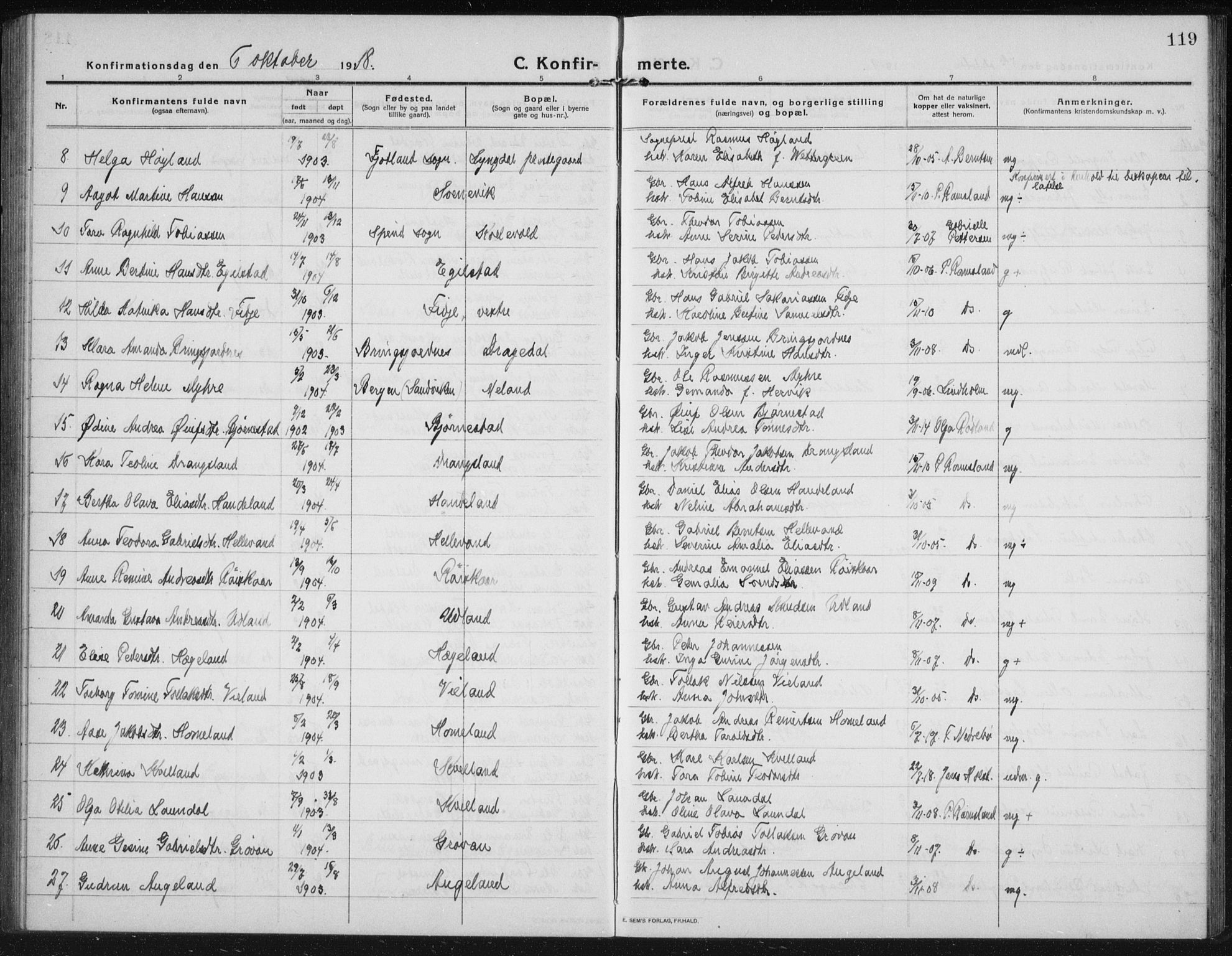 Lyngdal sokneprestkontor, AV/SAK-1111-0029/F/Fb/Fbc/L0006: Parish register (copy) no. B 6, 1914-1934, p. 119