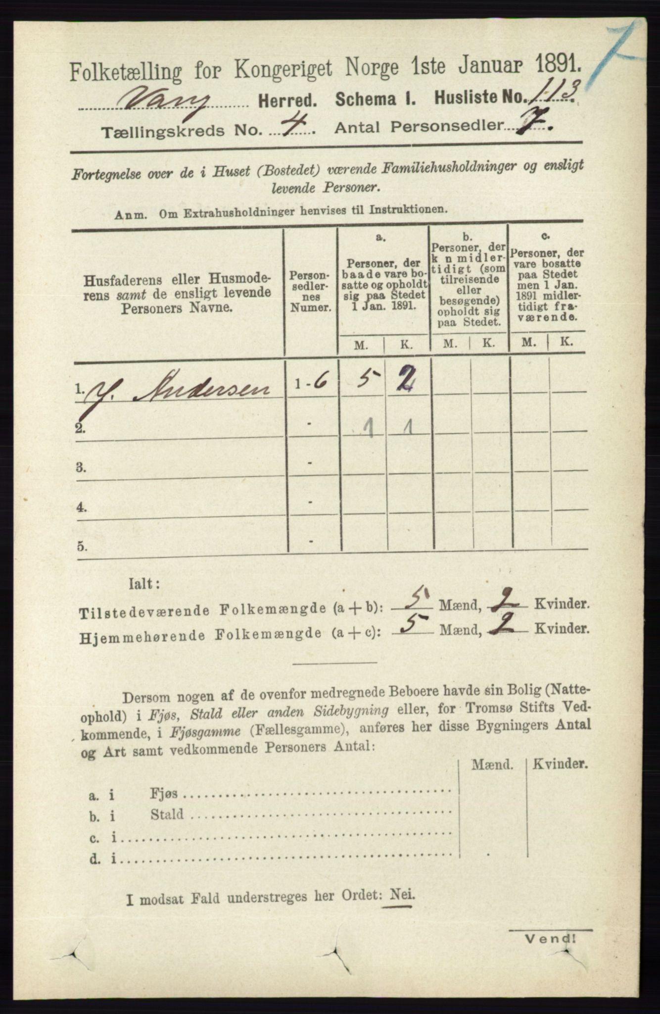 RA, 1891 census for 0414 Vang, 1891, p. 2742