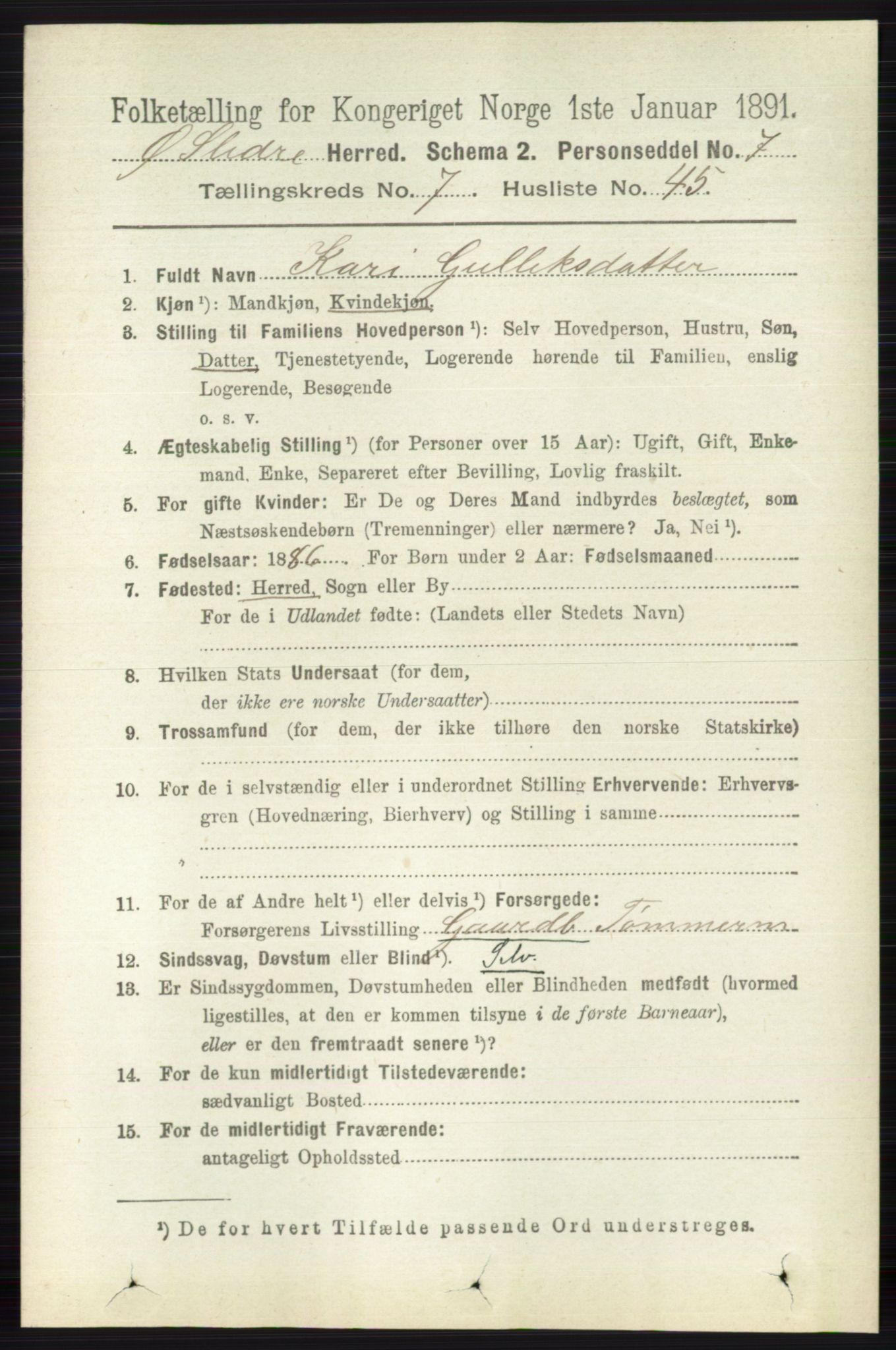 RA, 1891 census for 0544 Øystre Slidre, 1891, p. 2421