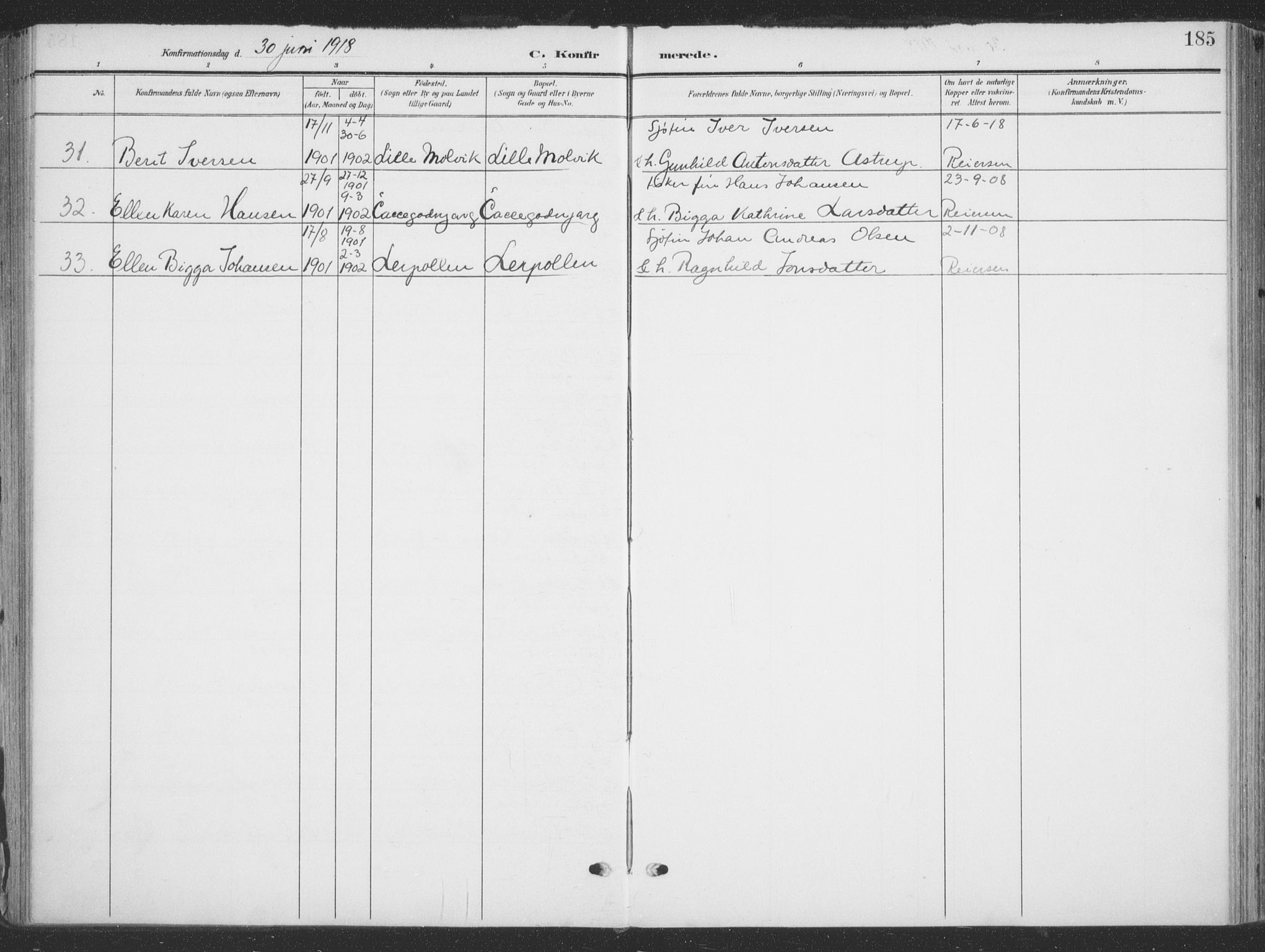 Tana sokneprestkontor, SATØ/S-1334/H/Ha/L0007kirke: Parish register (official) no. 7, 1904-1918, p. 185