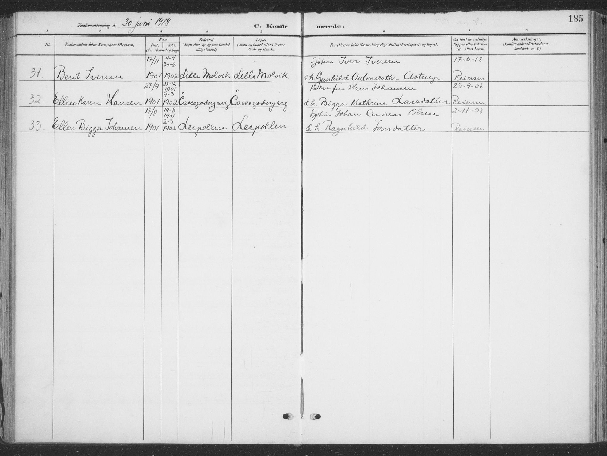 Tana sokneprestkontor, AV/SATØ-S-1334/H/Ha/L0007kirke: Parish register (official) no. 7, 1904-1918, p. 185