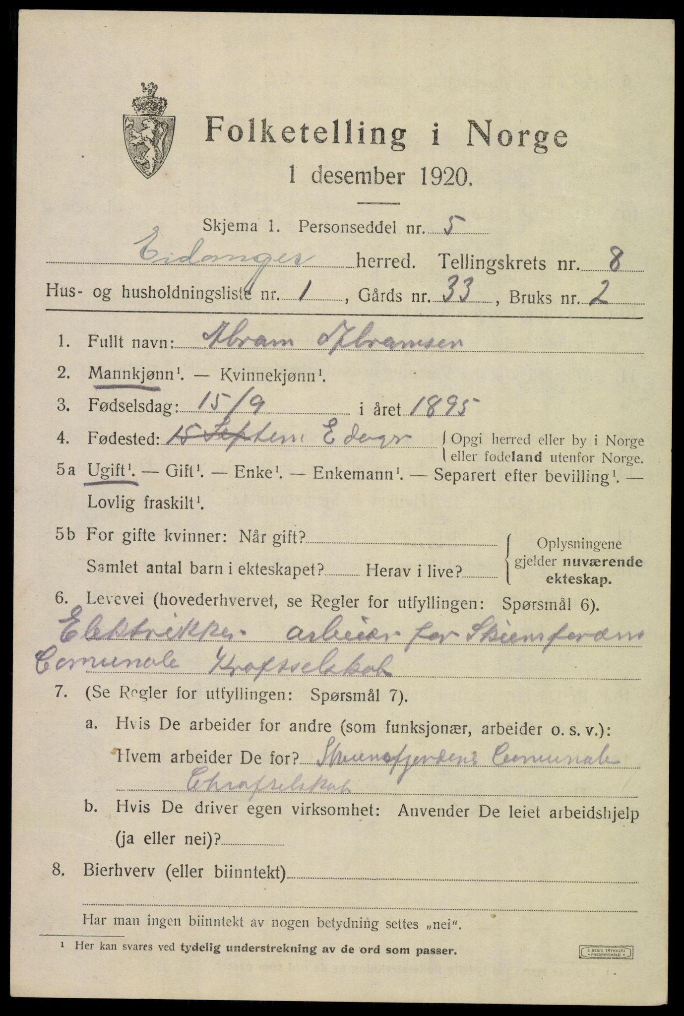 SAKO, 1920 census for Eidanger, 1920, p. 5440