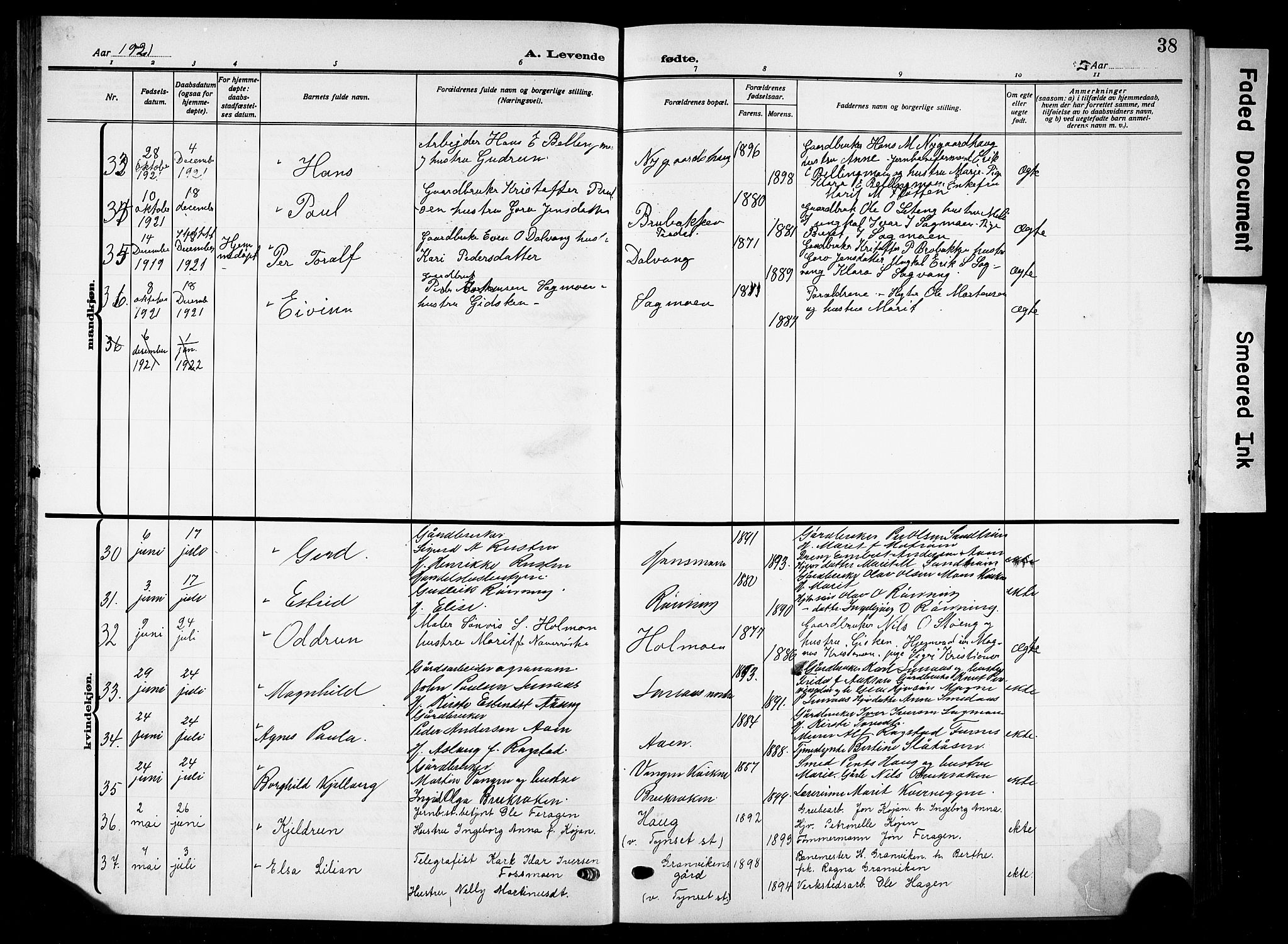 Tynset prestekontor, SAH/PREST-058/H/Ha/Hab/L0011: Parish register (copy) no. 11, 1915-1930, p. 38
