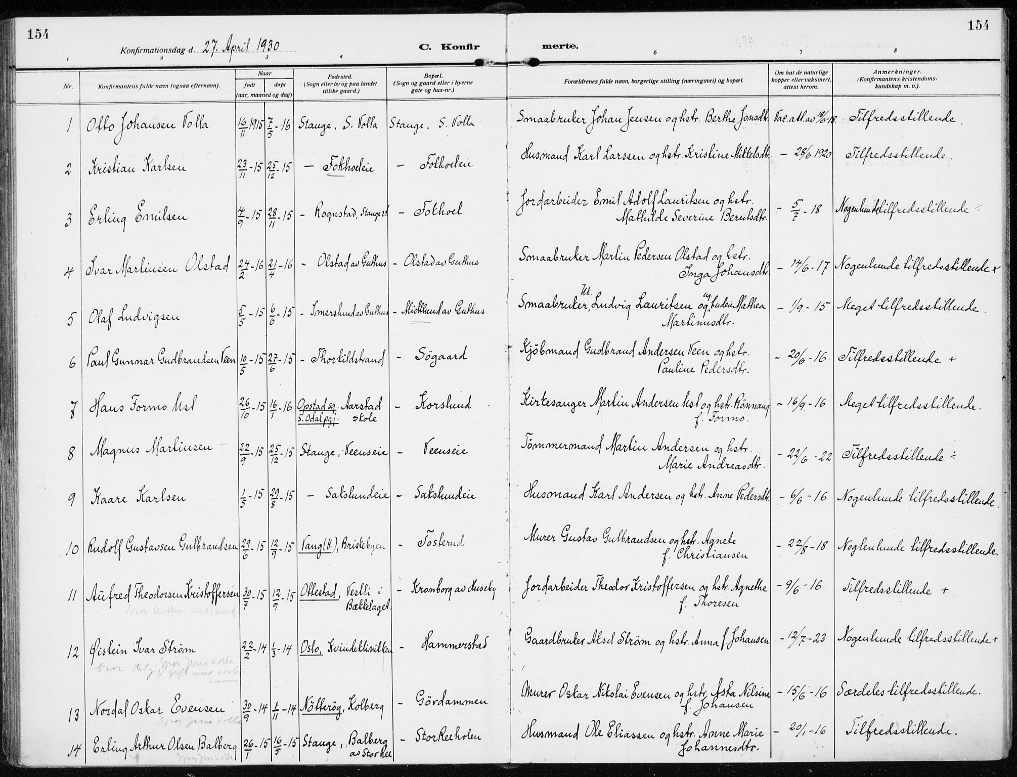 Stange prestekontor, AV/SAH-PREST-002/K/L0026: Parish register (official) no. 26, 1923-1937, p. 154