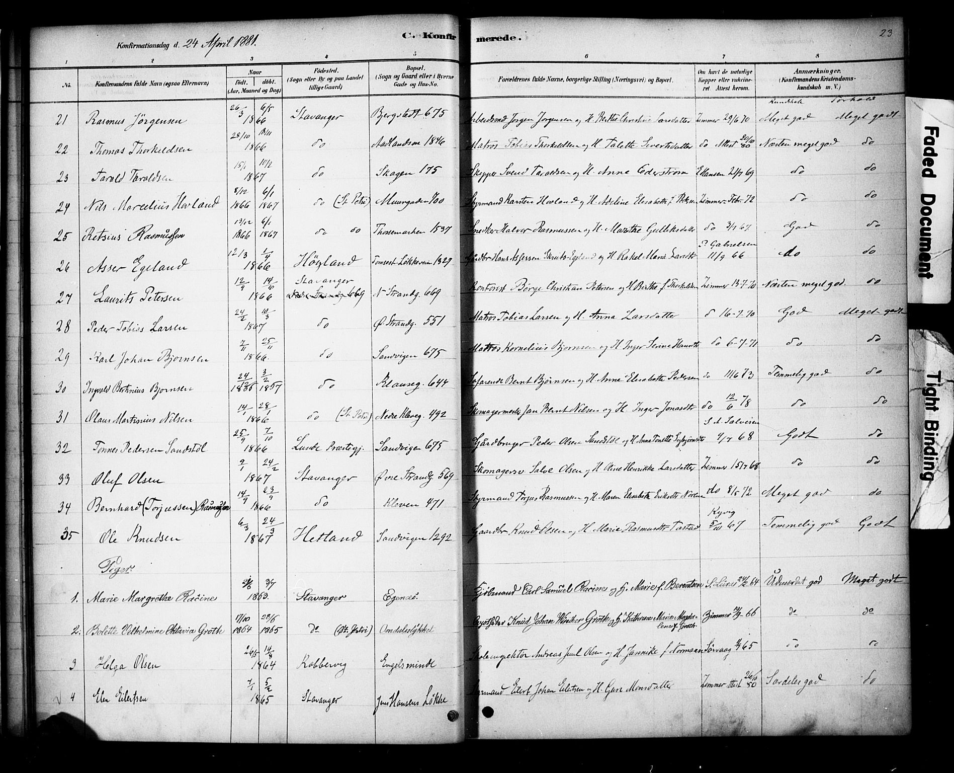 Domkirken sokneprestkontor, SAST/A-101812/001/30/30BA/L0028: Parish register (official) no. A 27, 1878-1896, p. 23