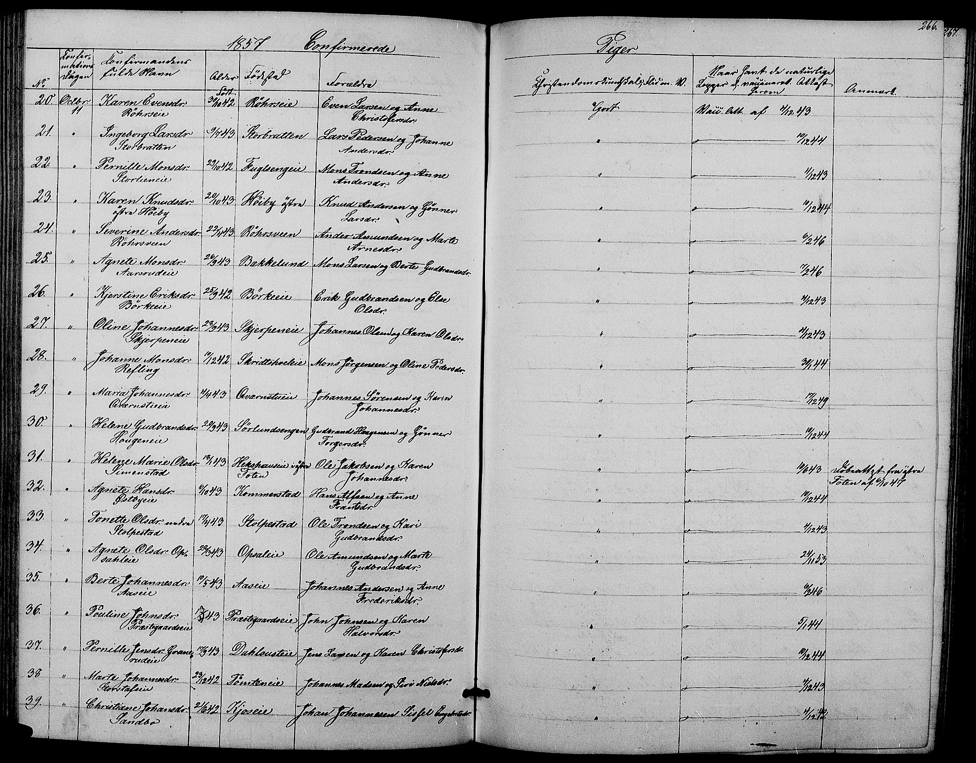 Ringsaker prestekontor, AV/SAH-PREST-014/L/La/L0006: Parish register (copy) no. 6, 1851-1860, p. 266