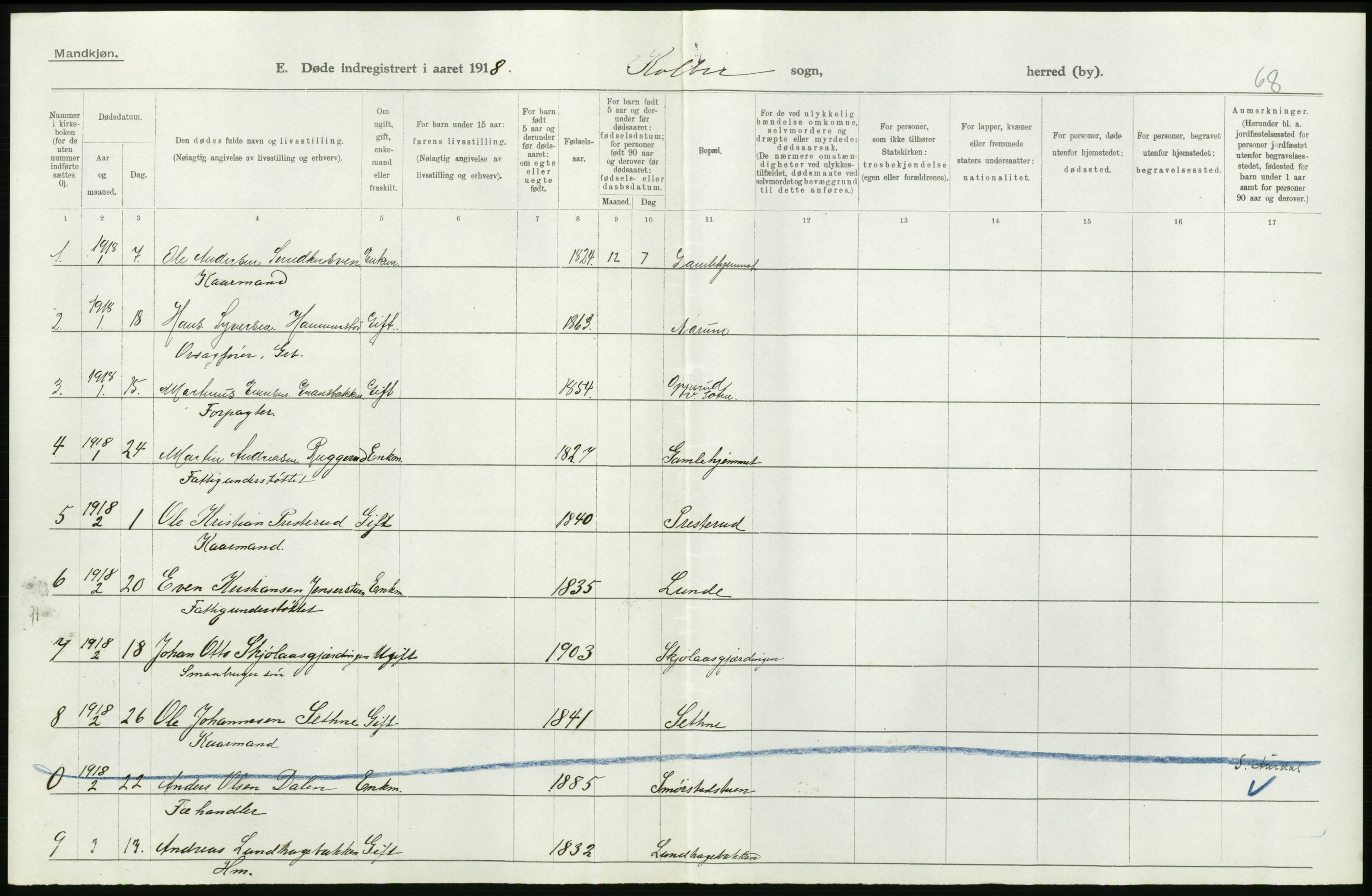 Statistisk sentralbyrå, Sosiodemografiske emner, Befolkning, AV/RA-S-2228/D/Df/Dfb/Dfbh/L0017: Oppland fylke: Døde. Bygder og byer., 1918, p. 376