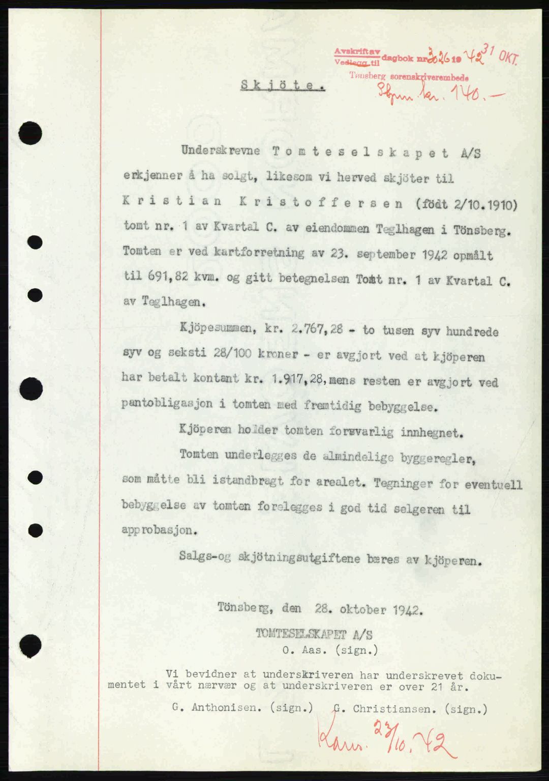 Tønsberg sorenskriveri, AV/SAKO-A-130/G/Ga/Gaa/L0012: Mortgage book no. A12, 1942-1943, Diary no: : 3026/1942