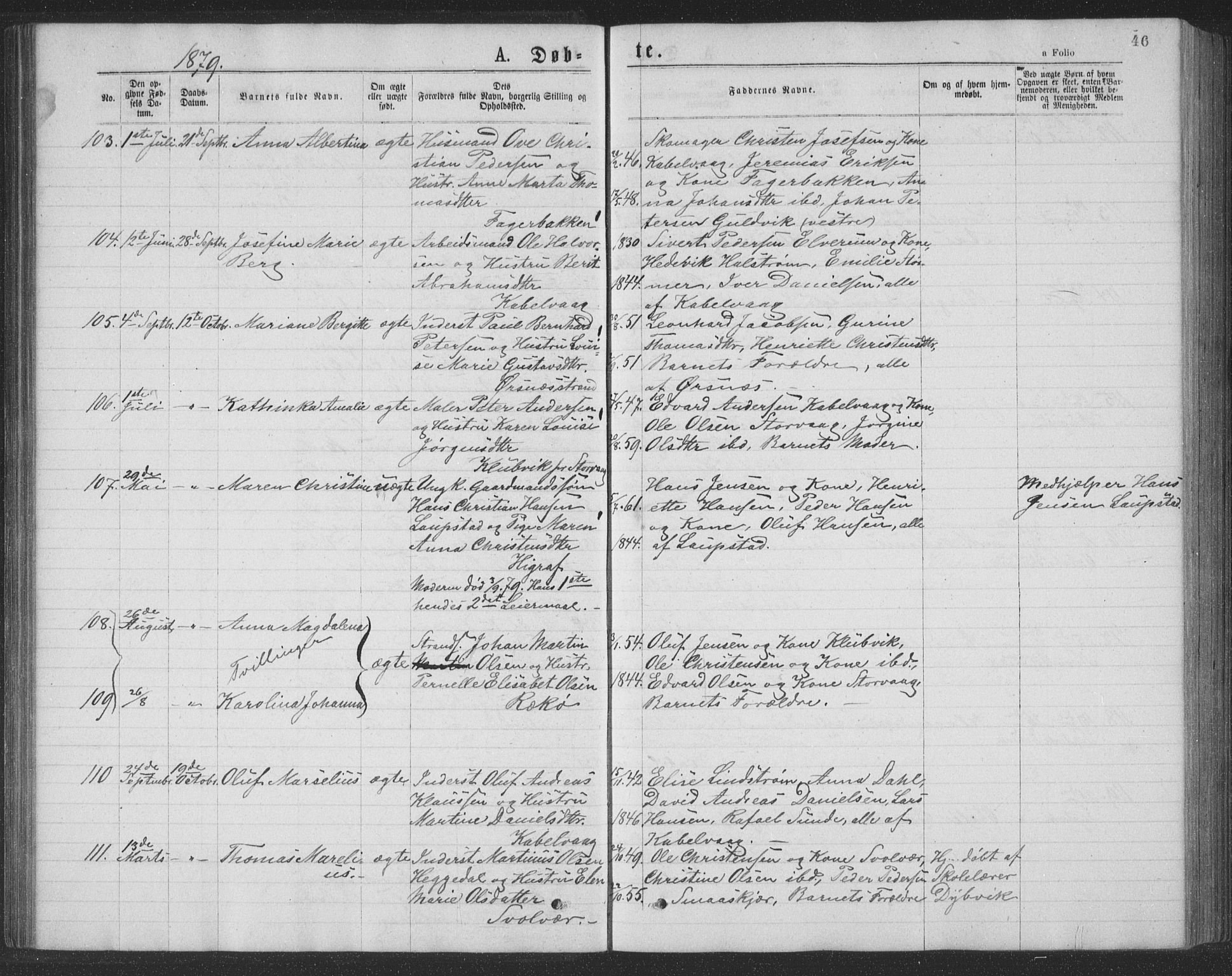 Ministerialprotokoller, klokkerbøker og fødselsregistre - Nordland, AV/SAT-A-1459/874/L1075: Parish register (copy) no. 874C04, 1876-1883, p. 46