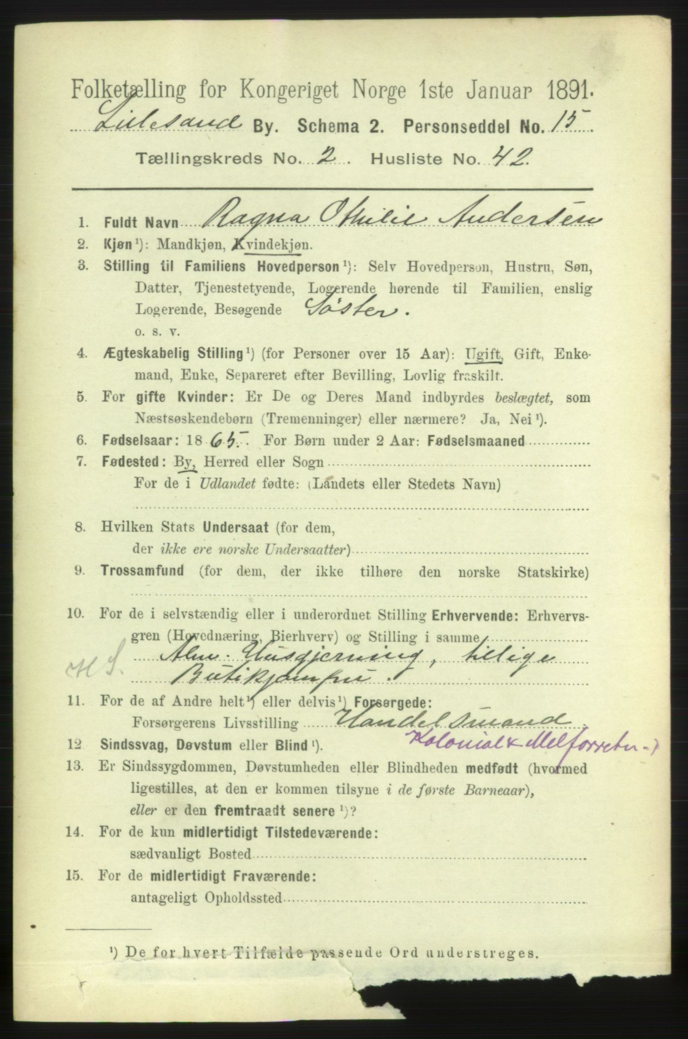 RA, 1891 census for 0905 Lillesand, 1891, p. 639