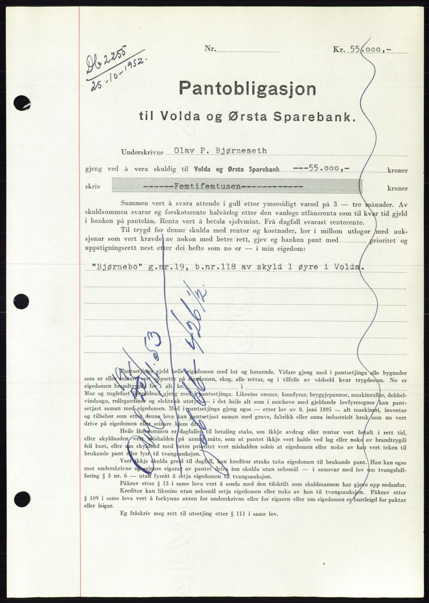 Søre Sunnmøre sorenskriveri, AV/SAT-A-4122/1/2/2C/L0122: Mortgage book no. 10B, 1952-1953, Diary no: : 2255/1952